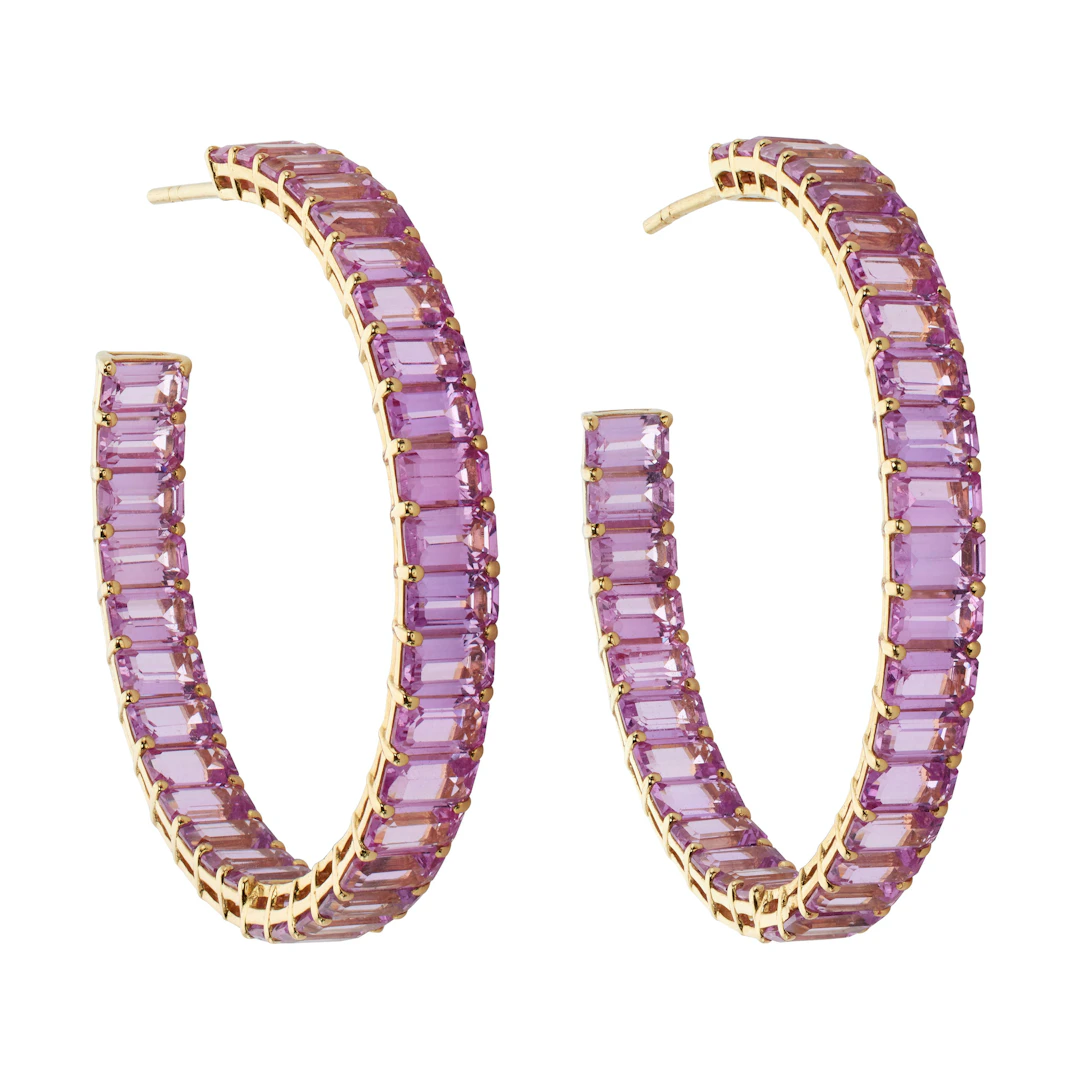 Gold and 21.75ctw Pink Sapphire Hoop Earrings