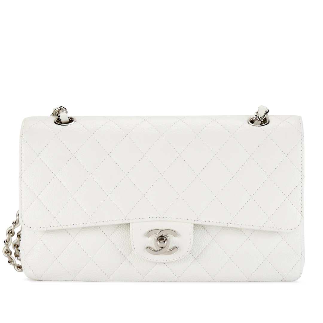 White Quilted Caviar Medium Classic Double Flap Bag Silver Hardware, 2005-2006