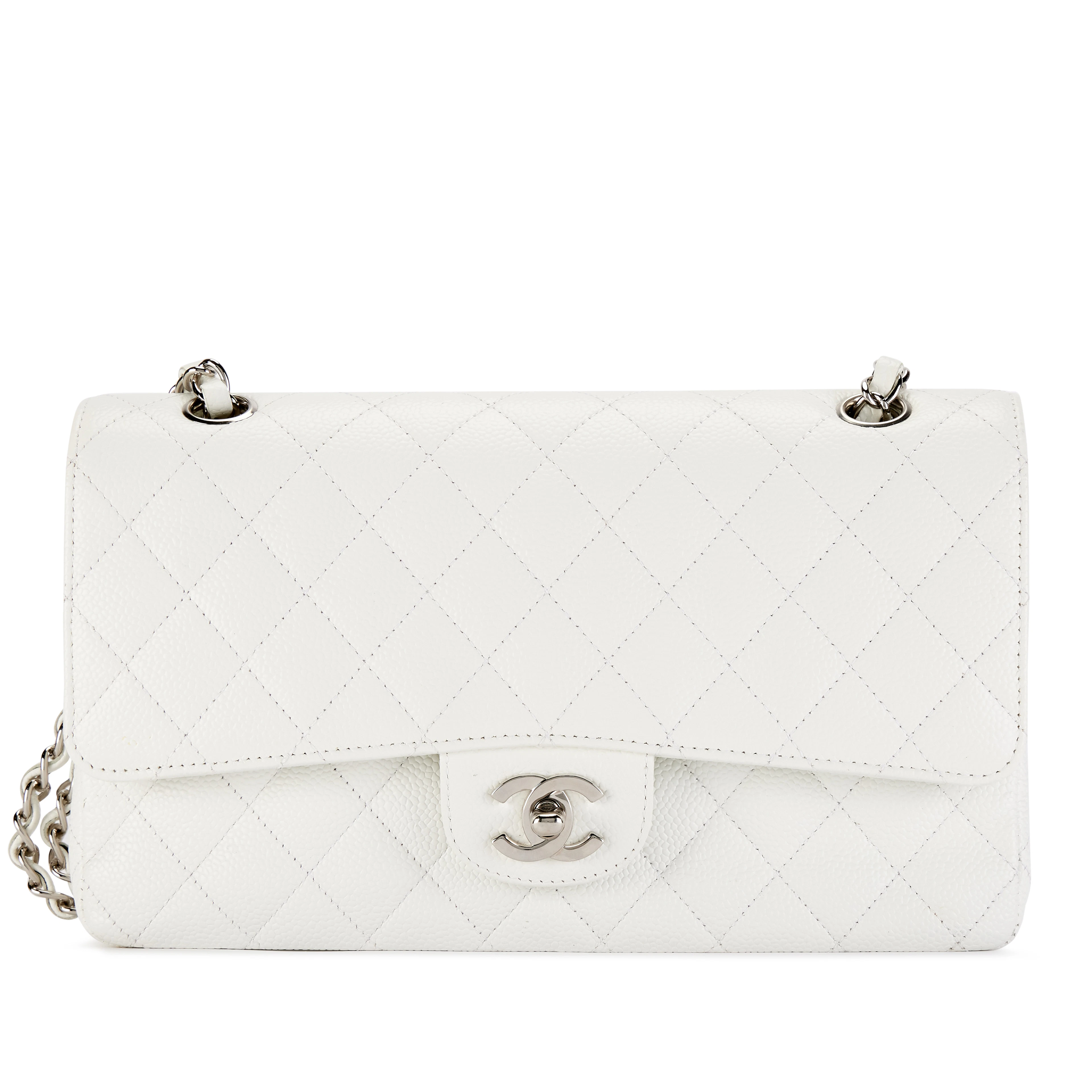 White Quilted Caviar Medium Classic Double Flap Bag Silver Hardware, 2005-2006