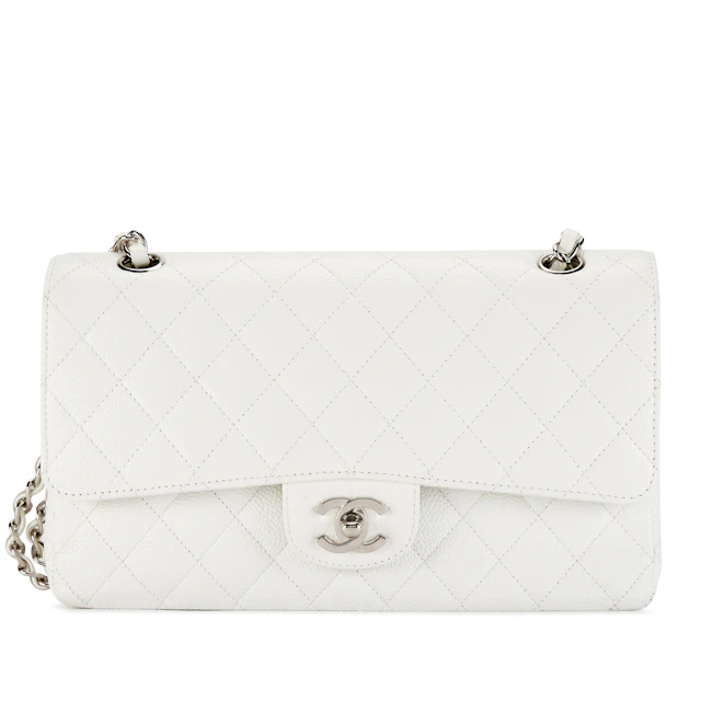 White Quilted Caviar Medium Classic Double Flap Bag Silver Hardware, 2005-2006