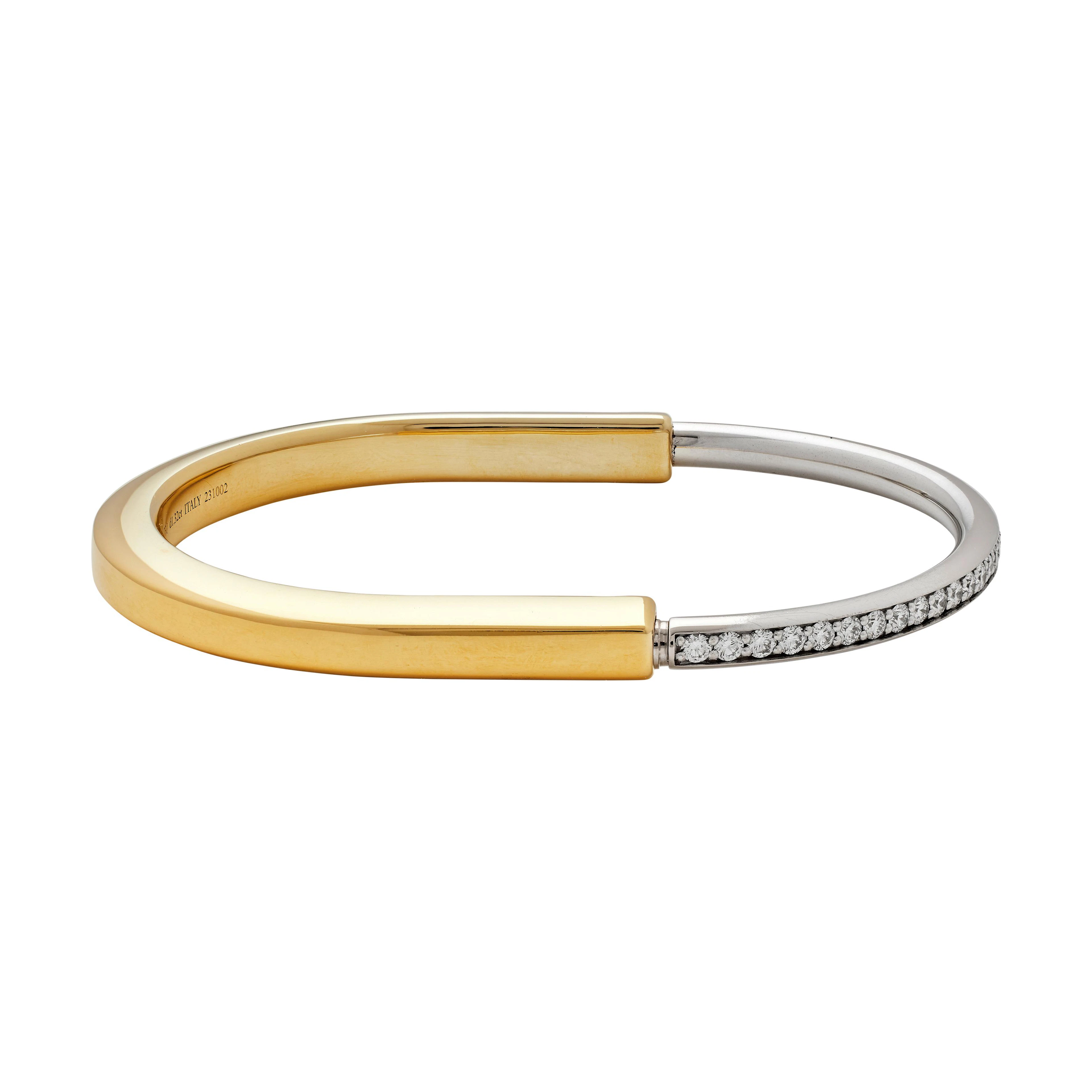 Gold, White Gold and Diamond Half Pavé Lock Bangle Bracelet