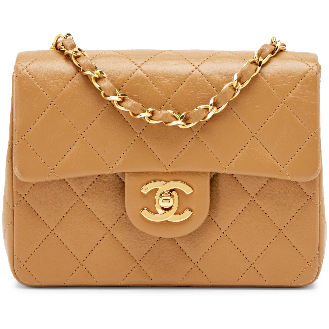 Vintage Camel Beige Quilted Lambskin Mini Square Flap Bag Gold Hardware