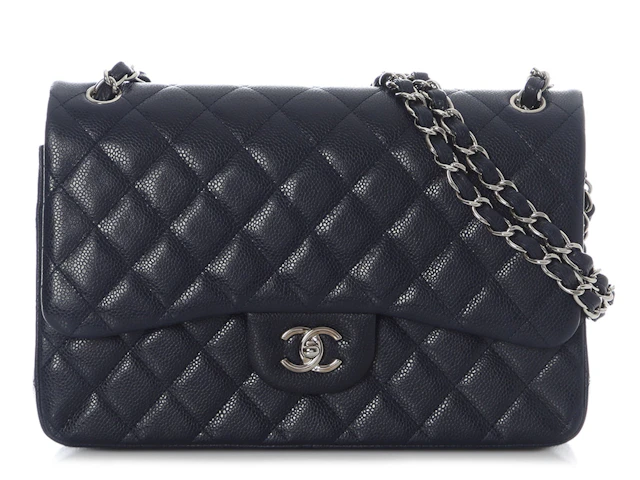 Navy Quilted Caviar Jumbo Classic Double Flap Bag Silver Hardware, 2014