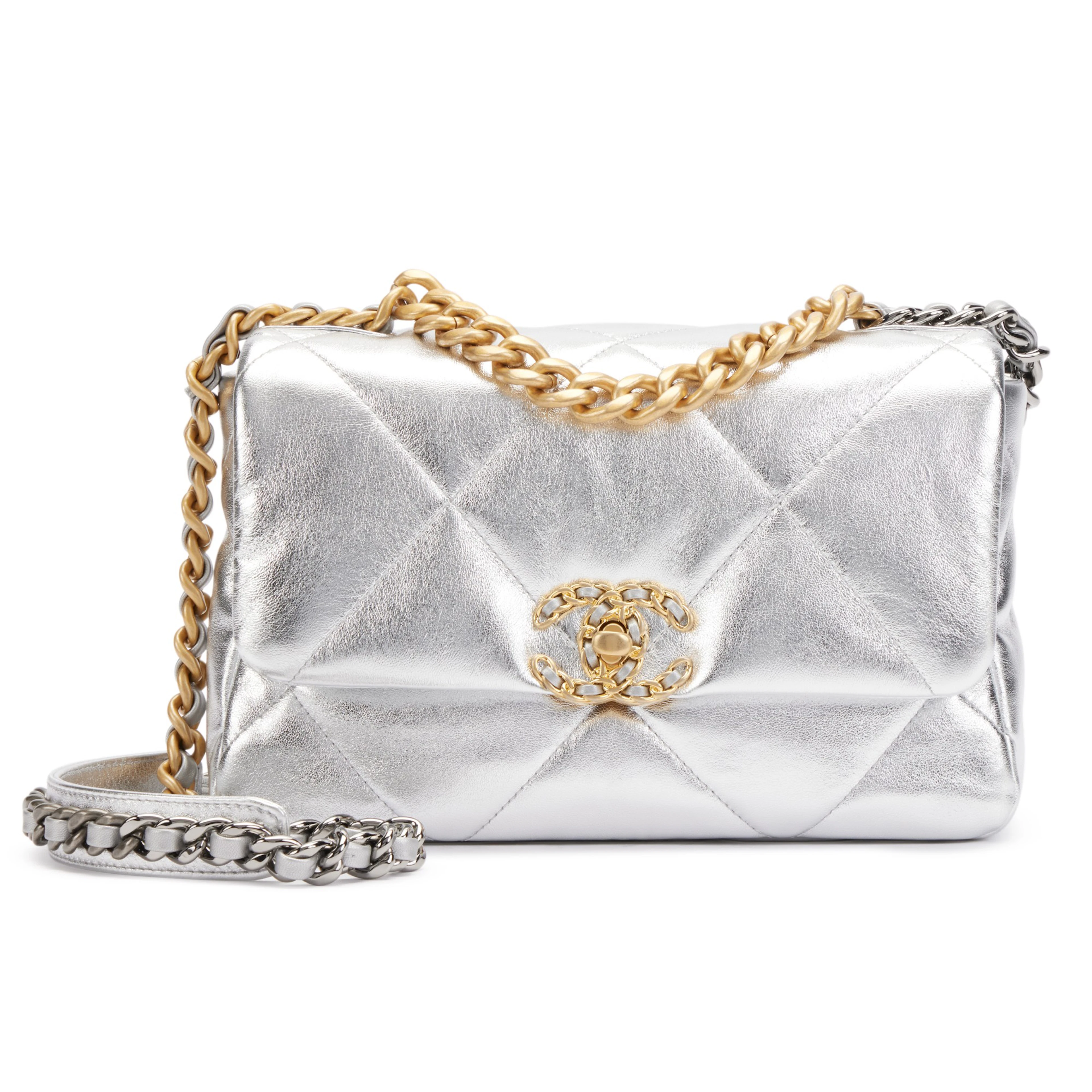Silver Quilted Lambskin Medium 19 Gold and Silver Hardware, 2021