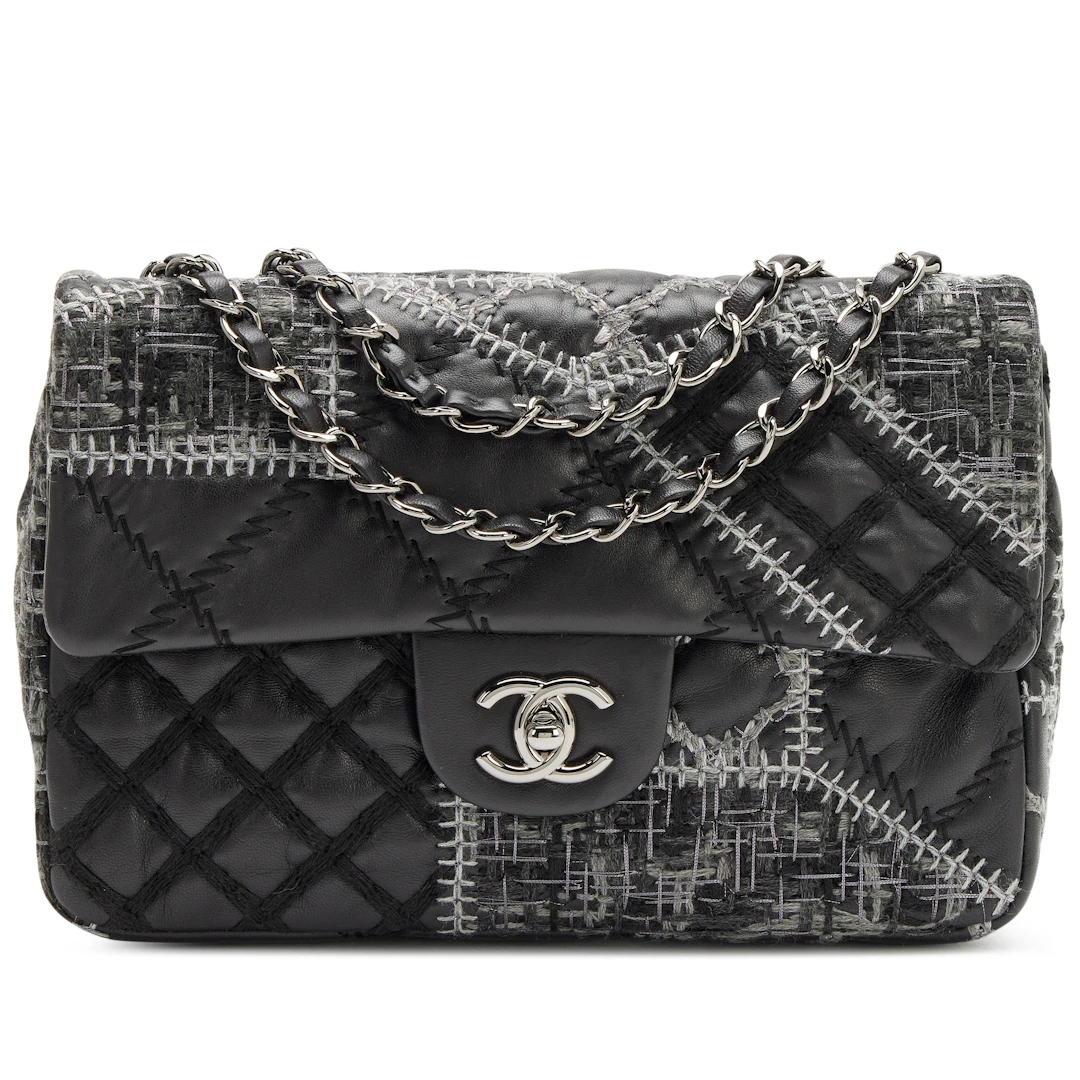 Black and Multicolor Patchwork Tweed and Lambskin Medium Classic Single