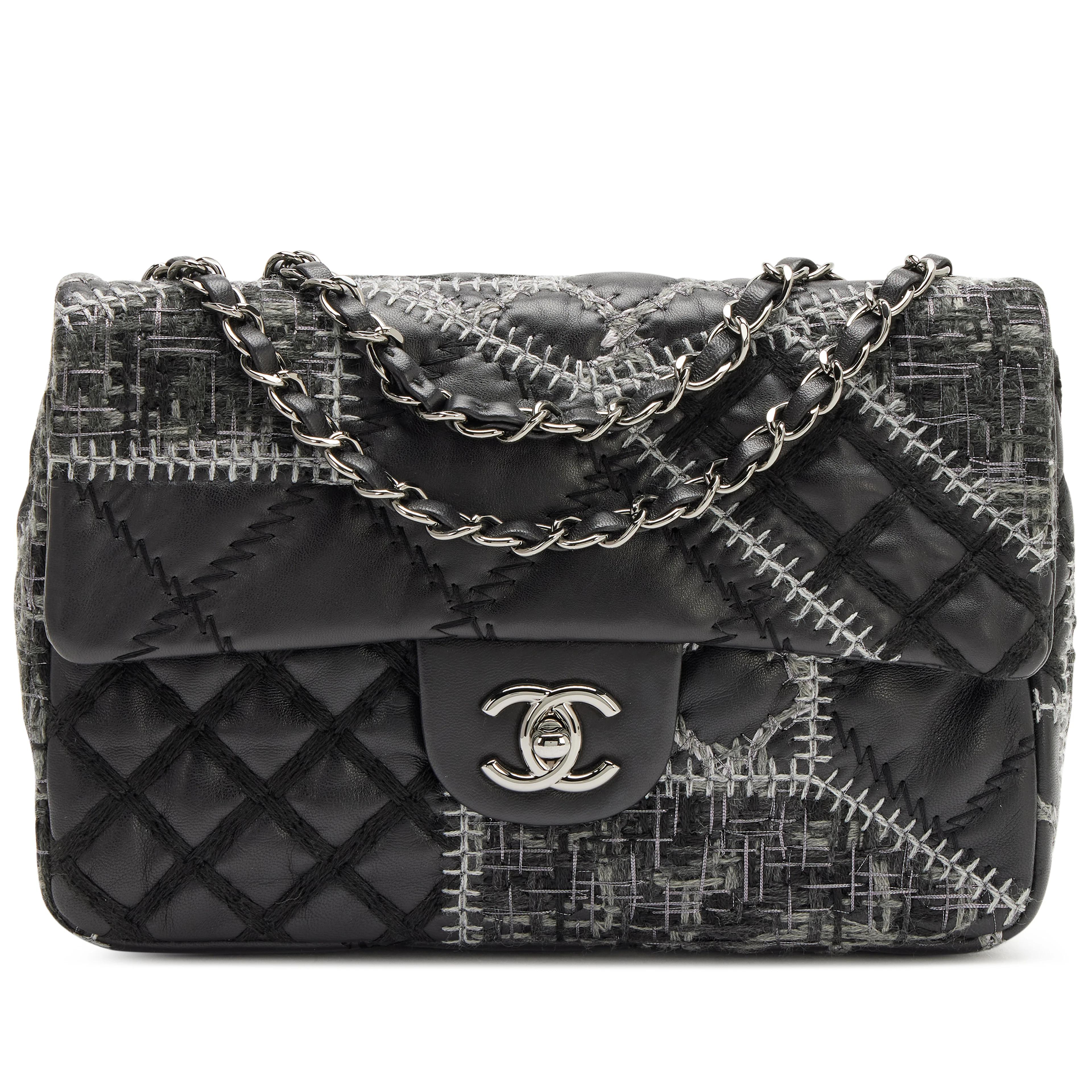 Black and Multicolor Patchwork Tweed and Lambskin Medium Classic Single