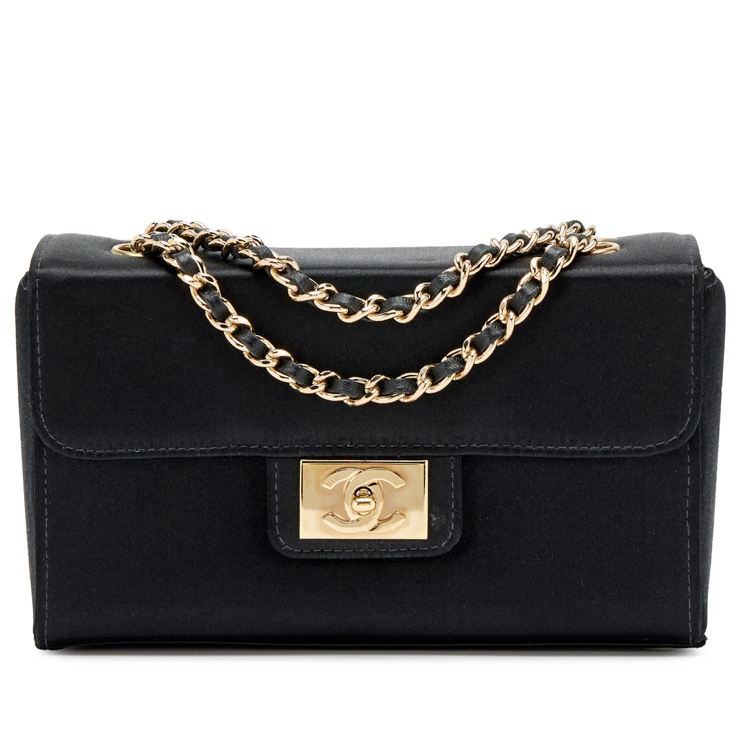 Vintage Black Satin CC Box Mini Flap Bag Gold Hardware, 2002
