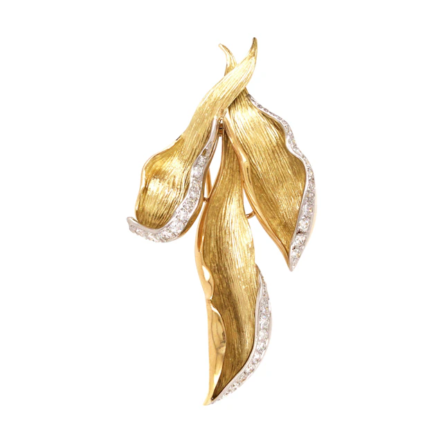 Vintage Gold, White Gold and Diamond Leaf Brooch