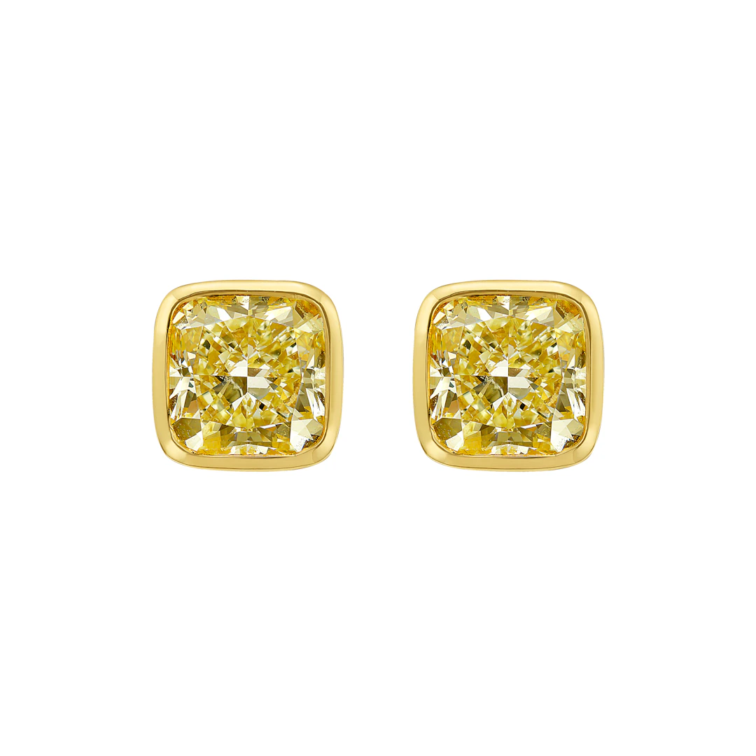 Gold and 6.12ctw Cushion Cut Fancy Yellow Diamond Stud Earrings