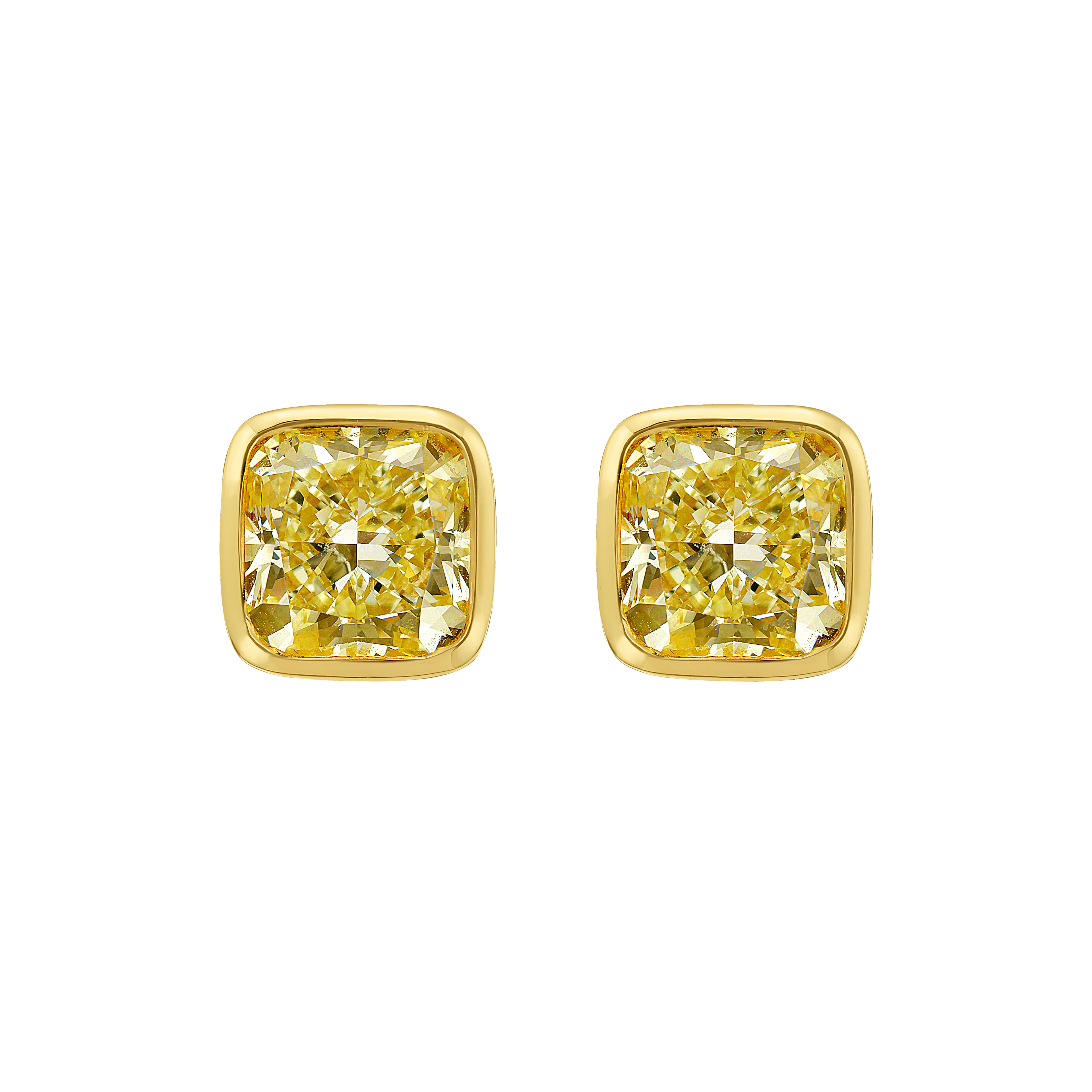 Gold and 6.12ctw Cushion Cut Fancy Yellow Diamond Stud Earrings
