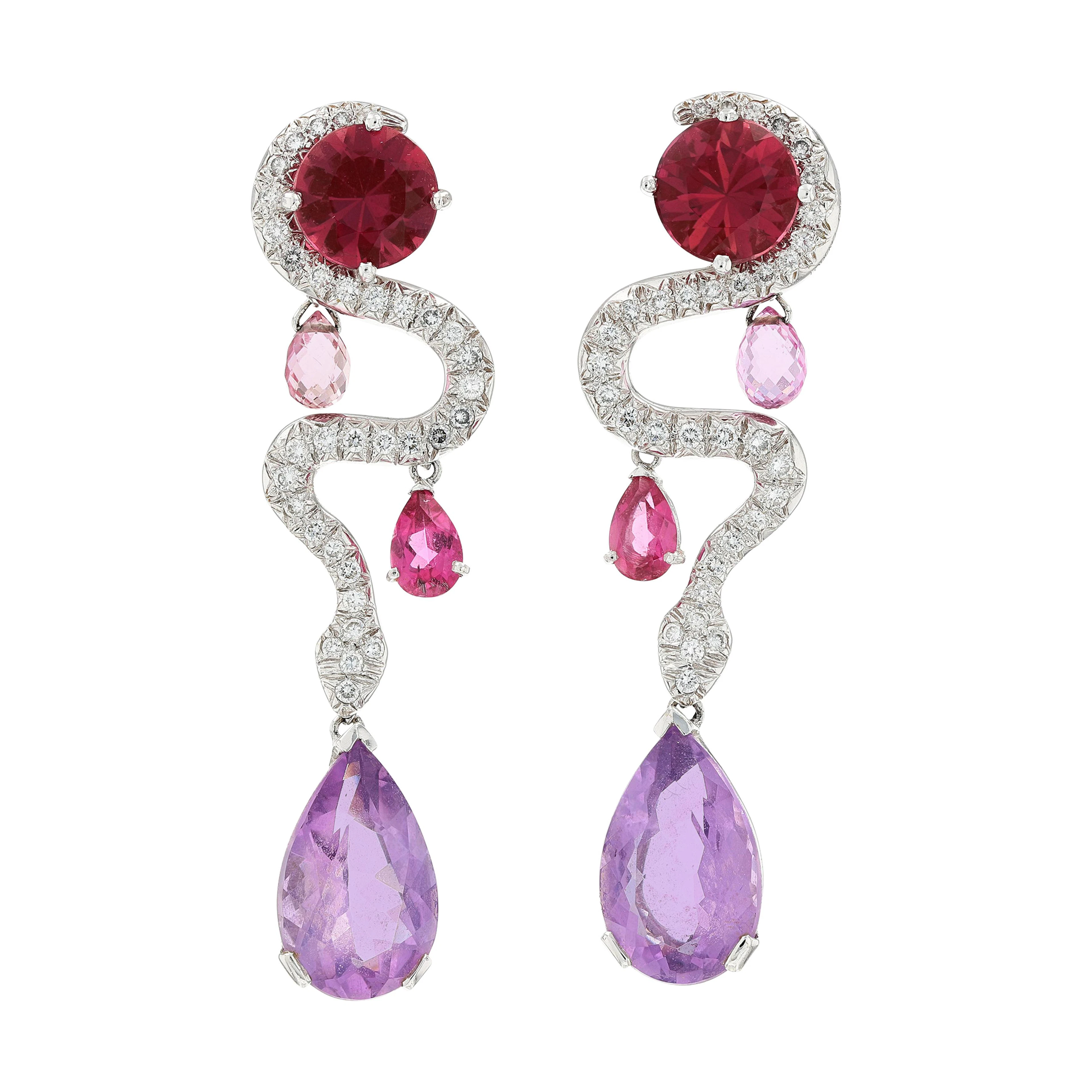 Paire de pendants d'oreille pierres de couleur et diamants | Pair