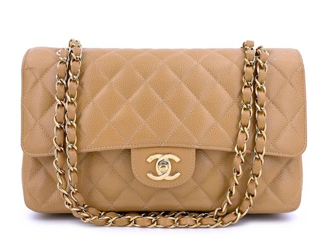Camel Beige Quilted Caviar Medium Classic Double Flap Bag Gold Hardware, 2004