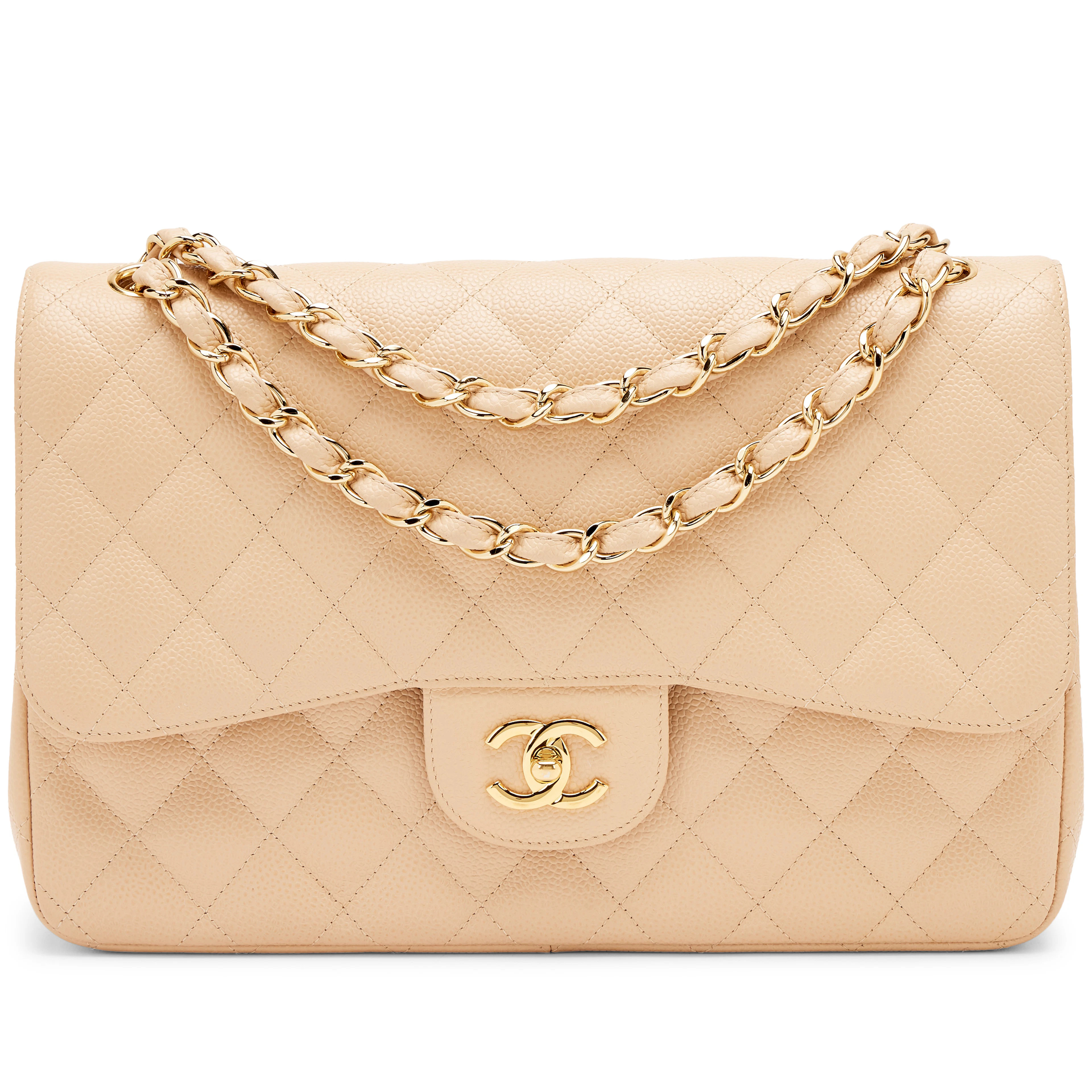 Beige Clair Quilted Caviar Jumbo Classic Double Flap Bag Gold Hardware