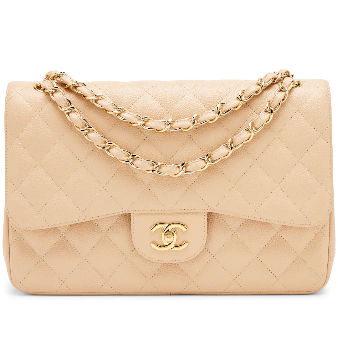 Beige Clair Quilted Caviar Jumbo Classic Double Flap Bag Gold Hardware