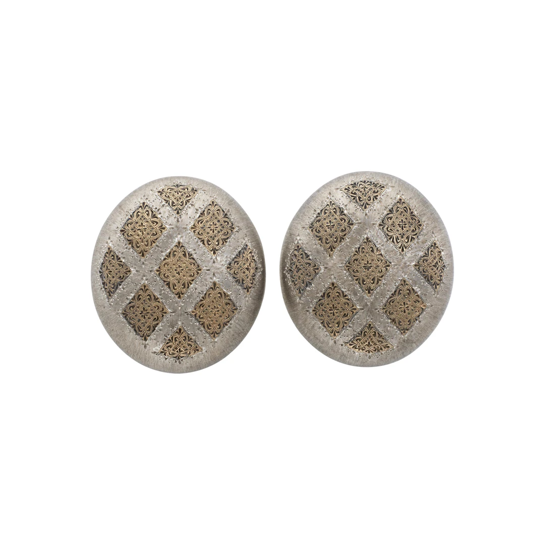 Vintage Gold and Silver Engraved Button Earclips