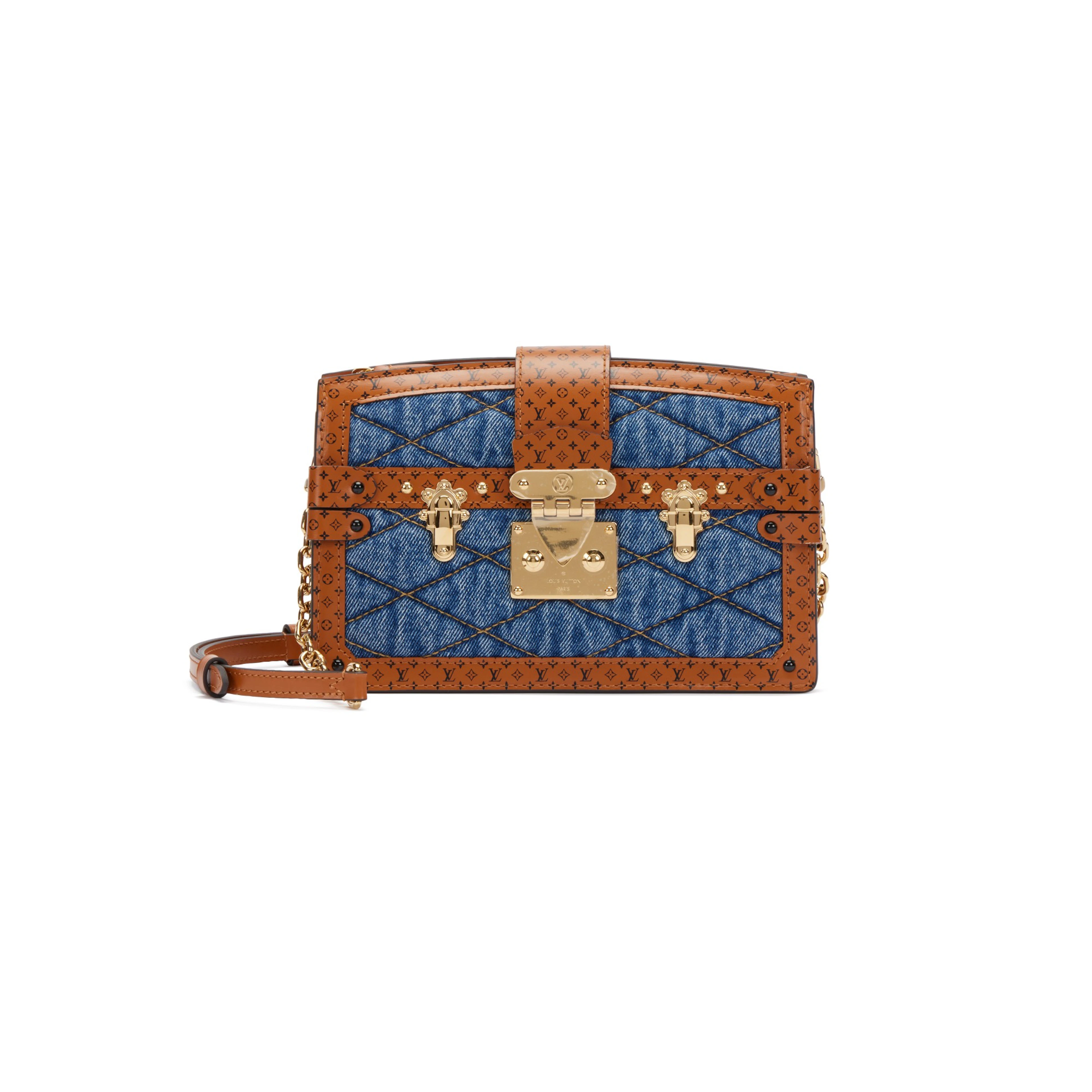Blue Denim Malletage Trunk Clutch Gold Color Hardware, 2019