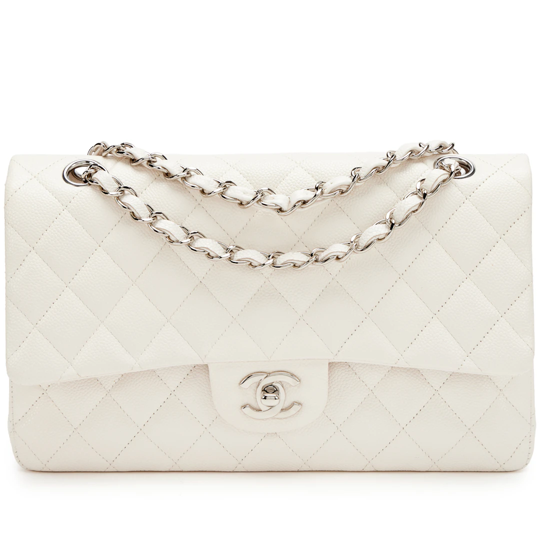 Ivory White Quilted Caviar Medium Classic Double Flap Bag Silver Hardware, 2021