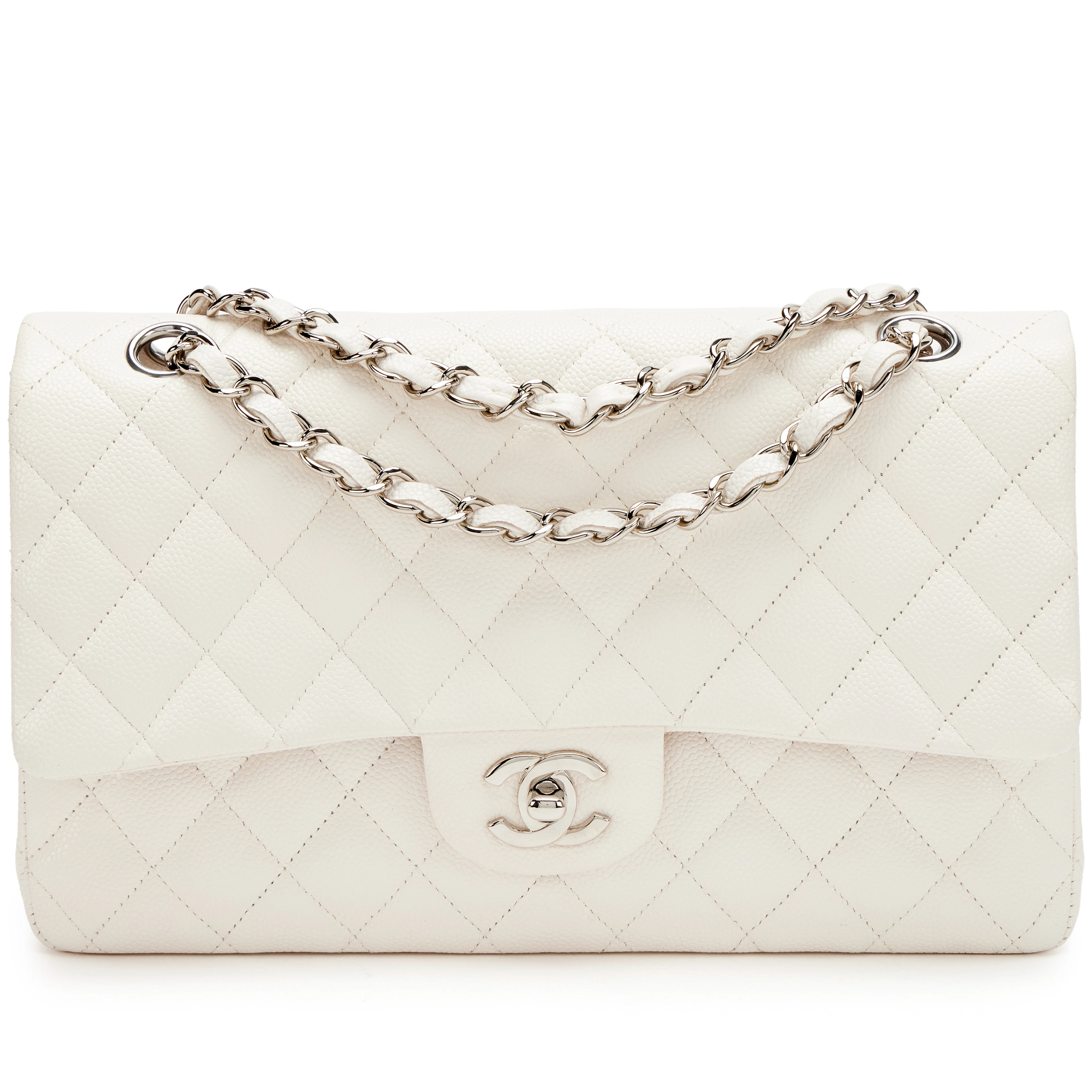 Ivory White Quilted Caviar Medium Classic Double Flap Bag Silver Hardware, 2021