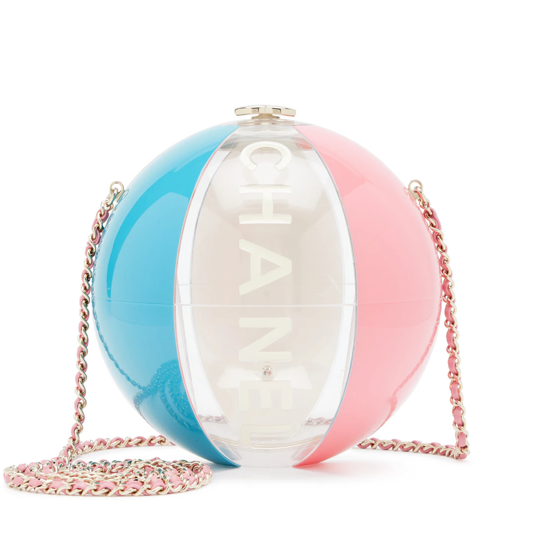 Pink, Clear and Blue Resin Coco Beach Ball Minaudière Light Gold Hardware, 2019