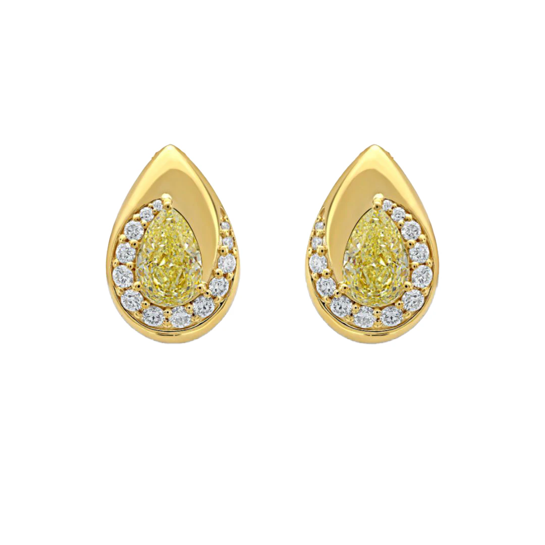 Gold, 2.08ctw Pear Shape Fancy Light Yellow Diamond and Diamond Earrings