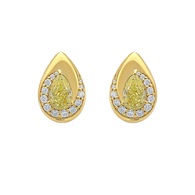 Gold, 2.08ctw Pear Shape Fancy Light Yellow Diamond and Diamond Earrings