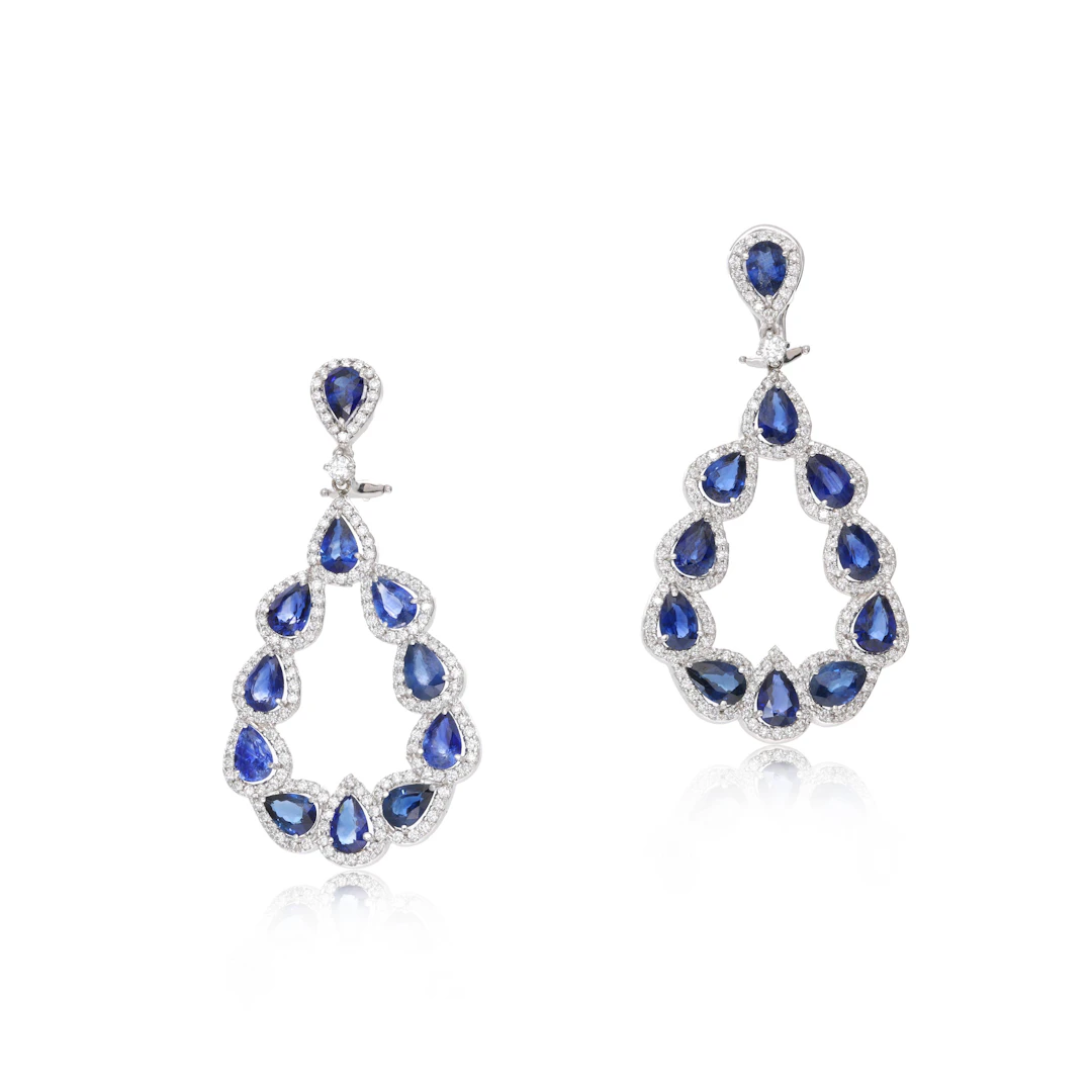 White Gold, Sapphire and Diamond Drop Earclips