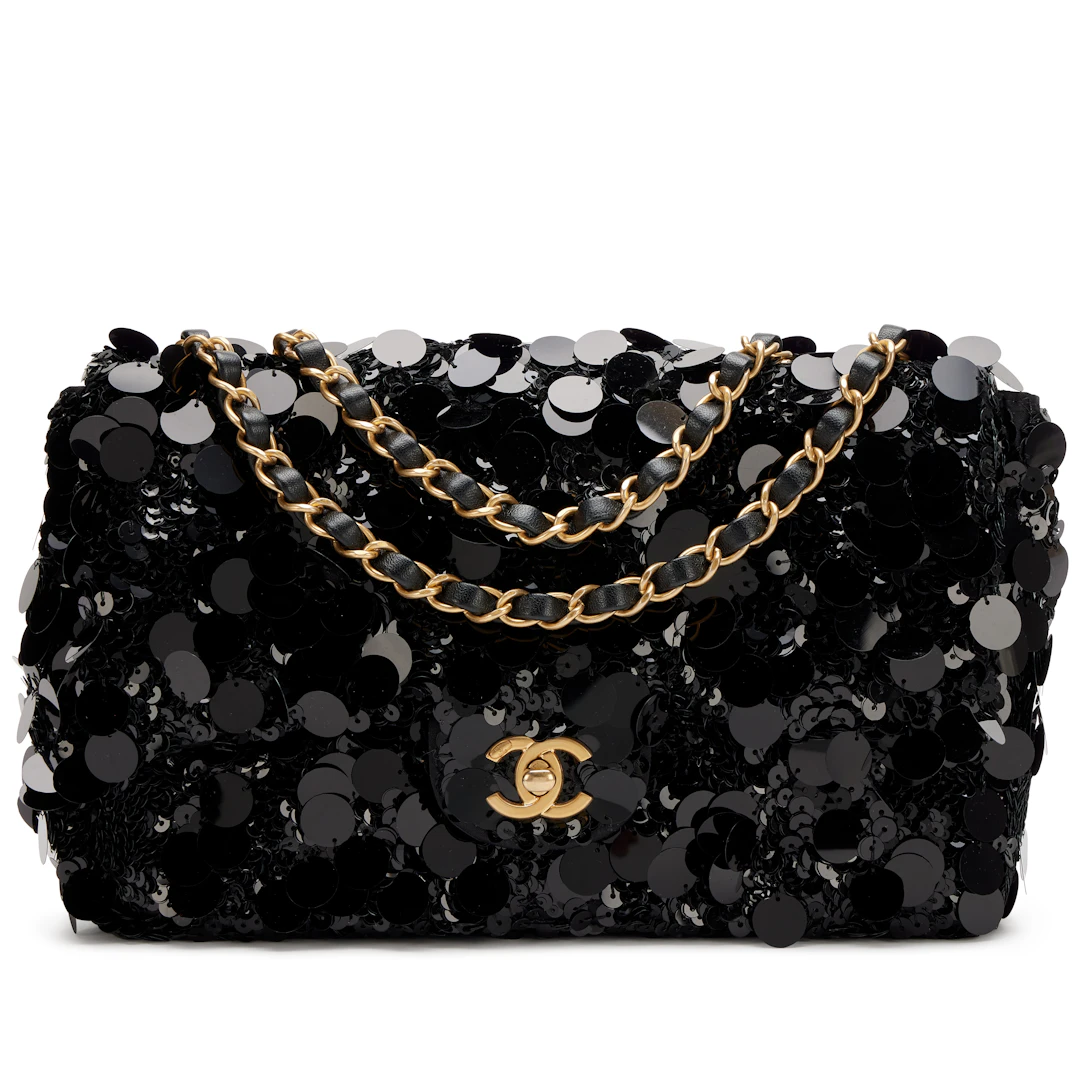 Black Sequin, Satin and Lambskin CC Medium Flap Bag Aged Gold Hardware, 2022