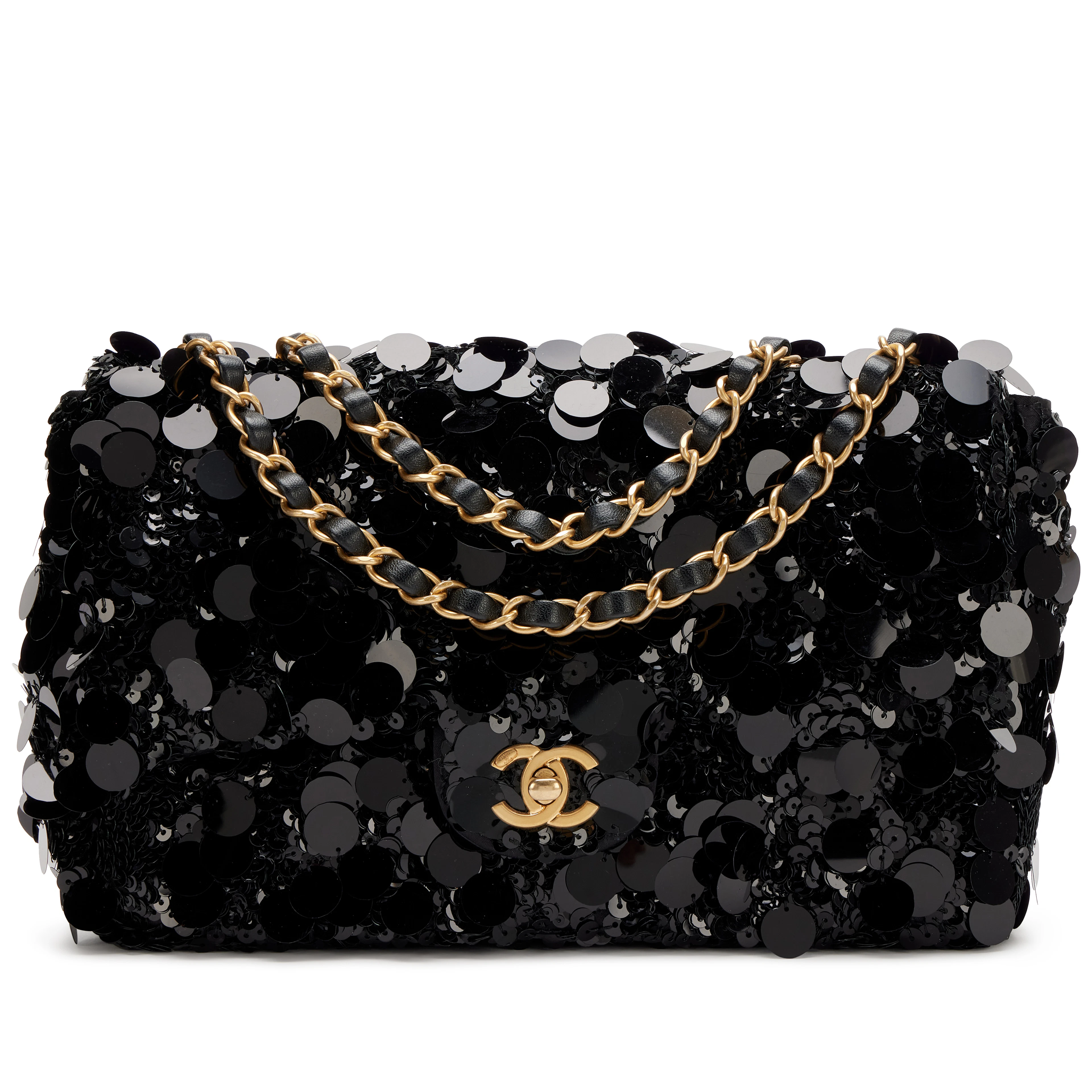 Black Sequin, Satin and Lambskin CC Medium Flap Bag Aged Gold Hardware, 2022