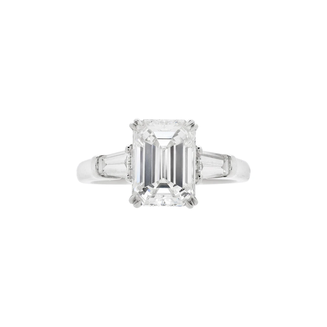 Platinum, 2.12ct Emerald Cut Diamond and Diamond Engagement Ring