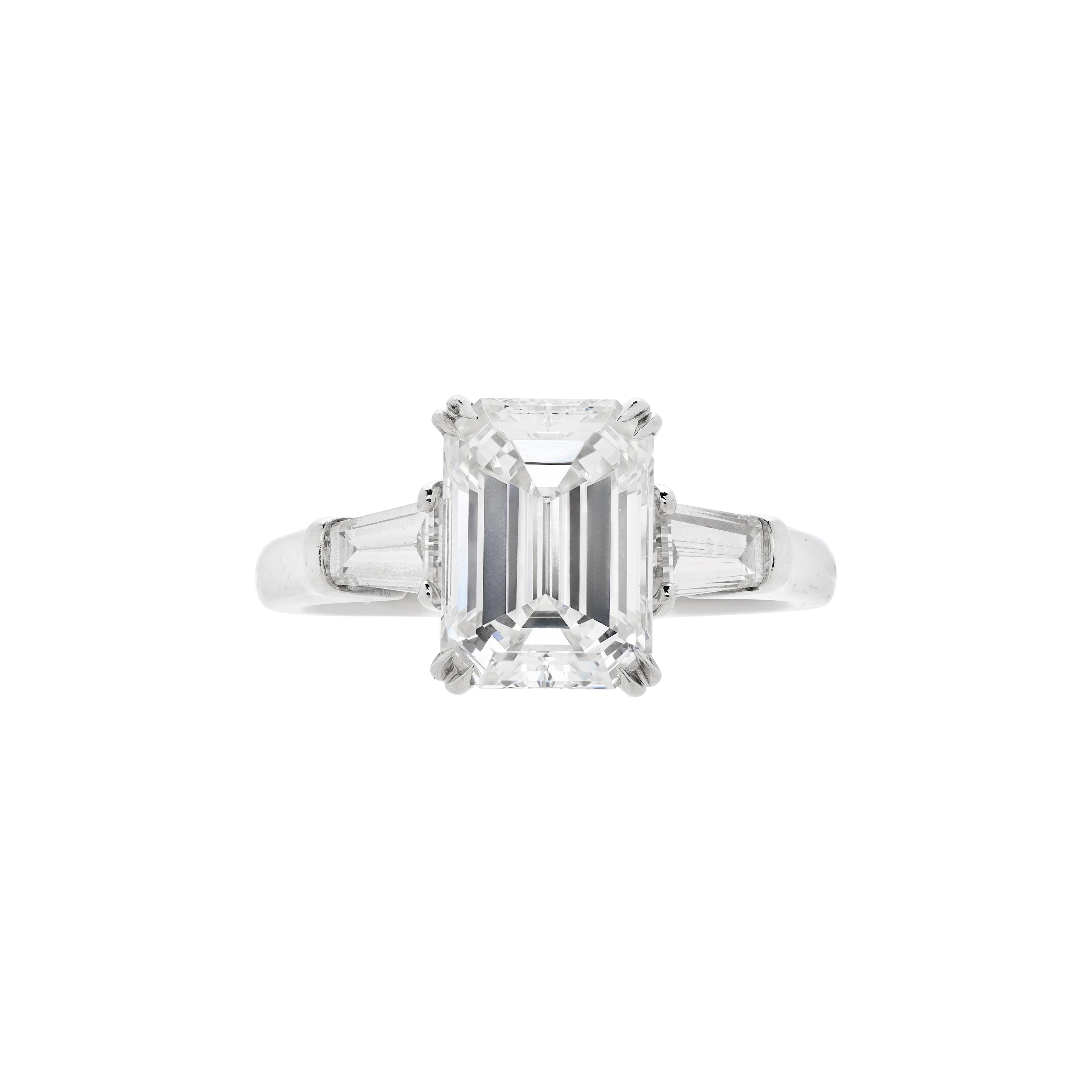 Platinum, 2.12ct Emerald Cut Diamond and Diamond Engagement Ring
