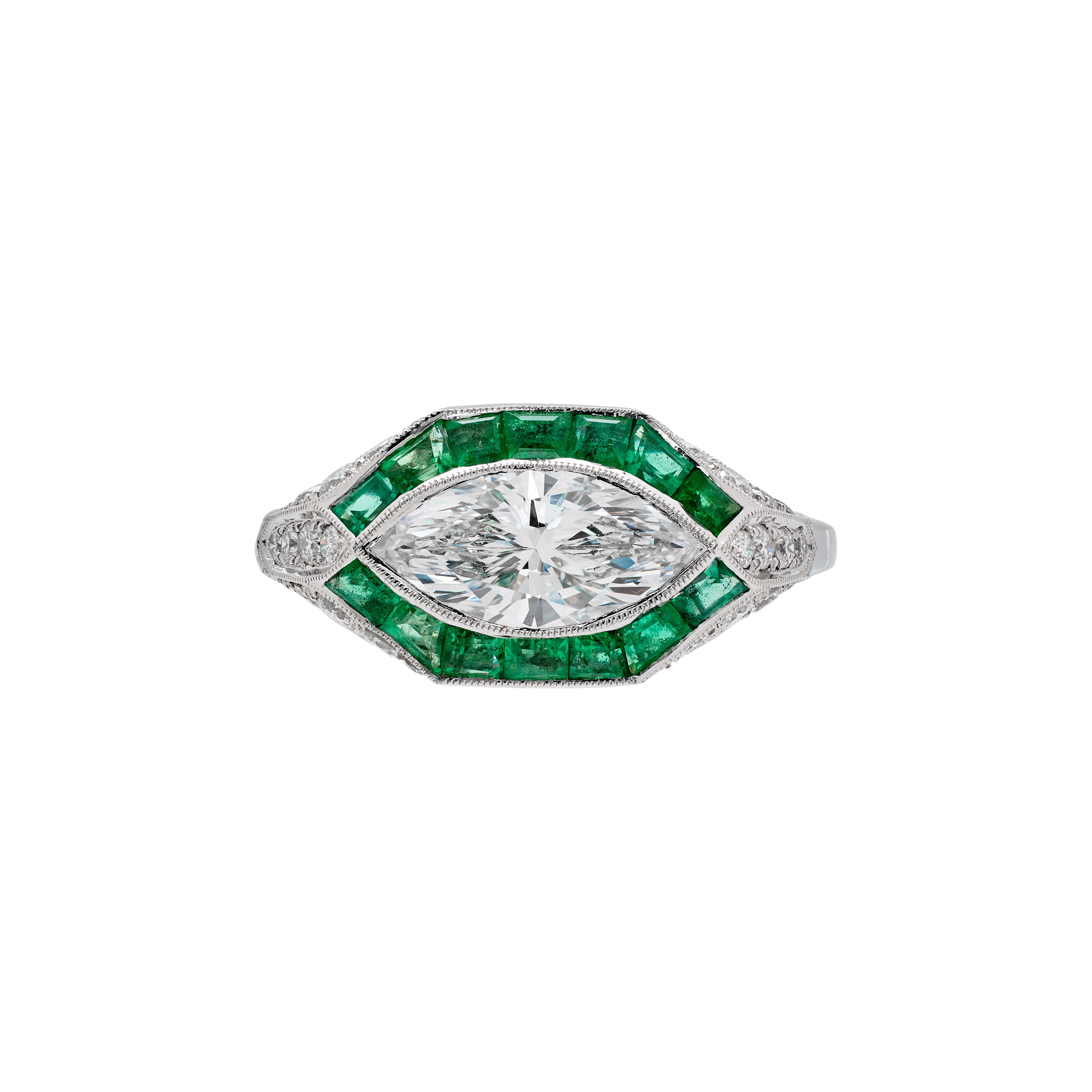 Platinum, 1.01ct Marquise Cut Diamond, Emerald and Diamond Ring
