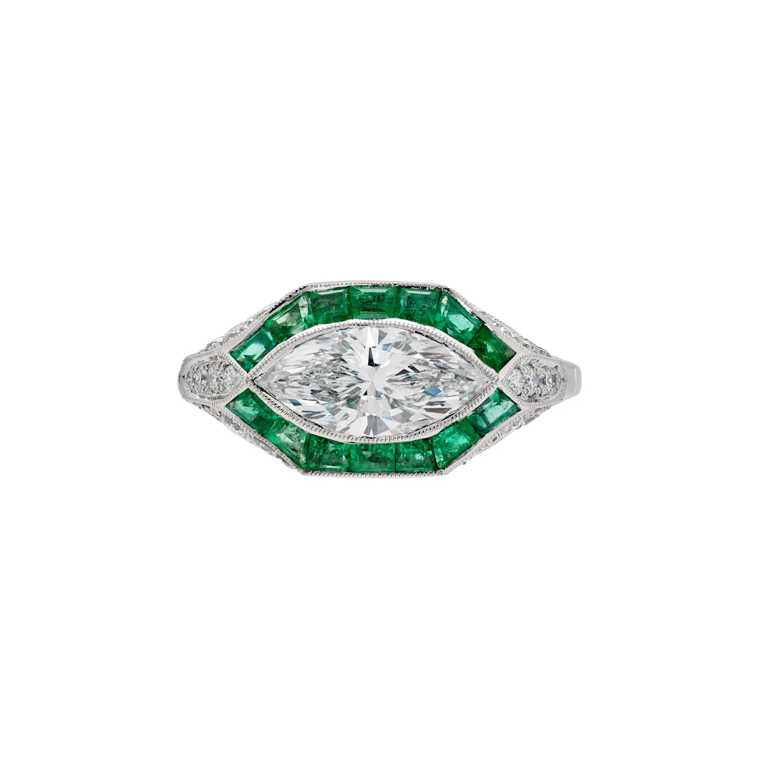 Platinum, 1.01ct Marquise Cut Diamond, Emerald and Diamond Ring
