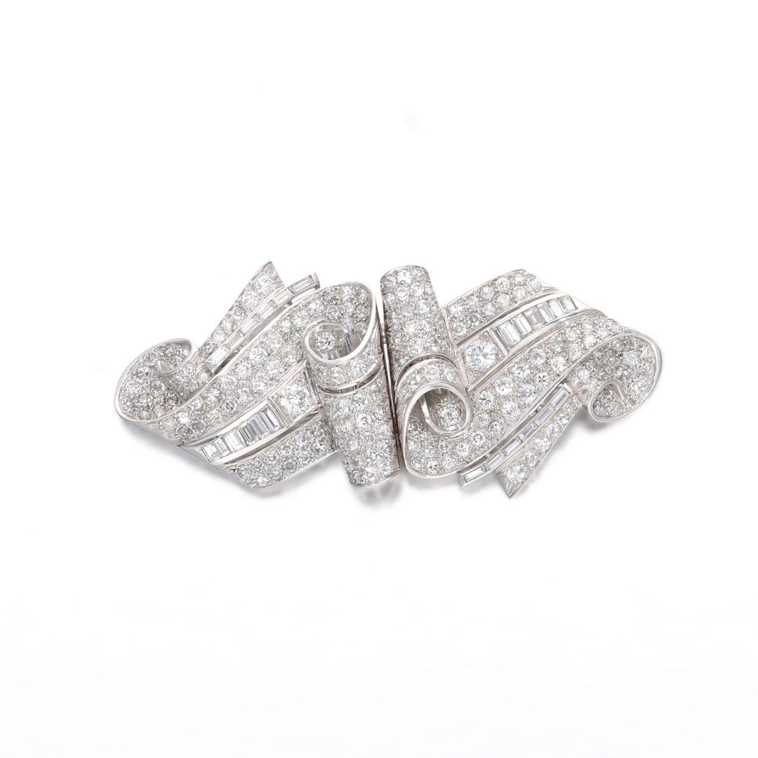 Art Deco Platinum, White Gold and Diamond Double Clip Brooch