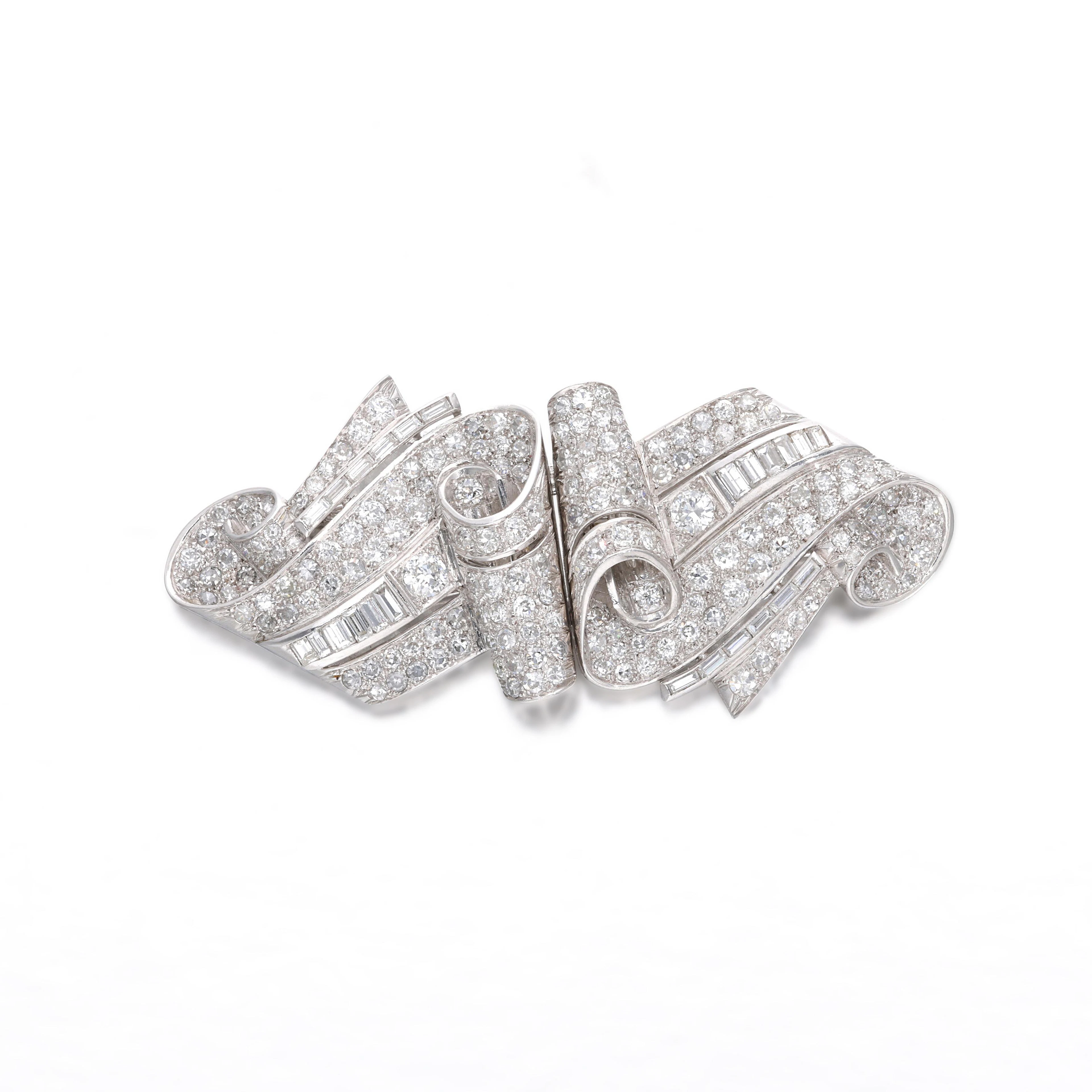 Art Deco Platinum, White Gold and Diamond Double Clip Brooch