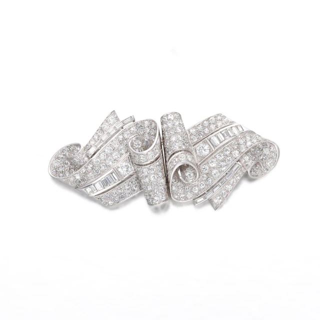 Art Deco Platinum, White Gold and Diamond Double Clip Brooch