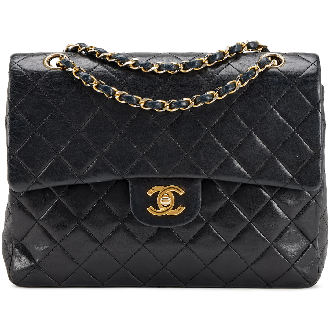 Black Quilted Lambskin Medium Classic Double Flap Gold Hardware, 1986-1988