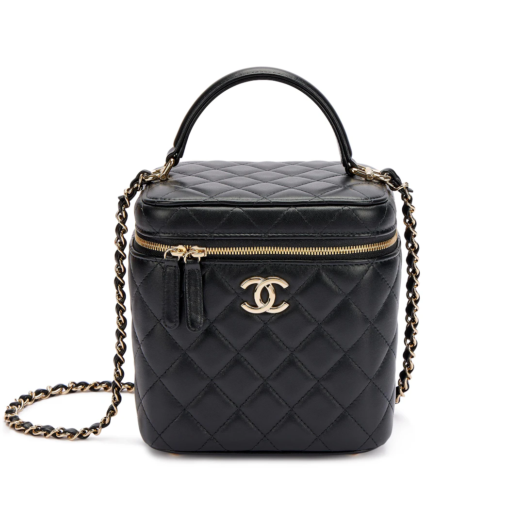 Black Quilted Lambskin Top Handle Vanity Pale Gold Hardware