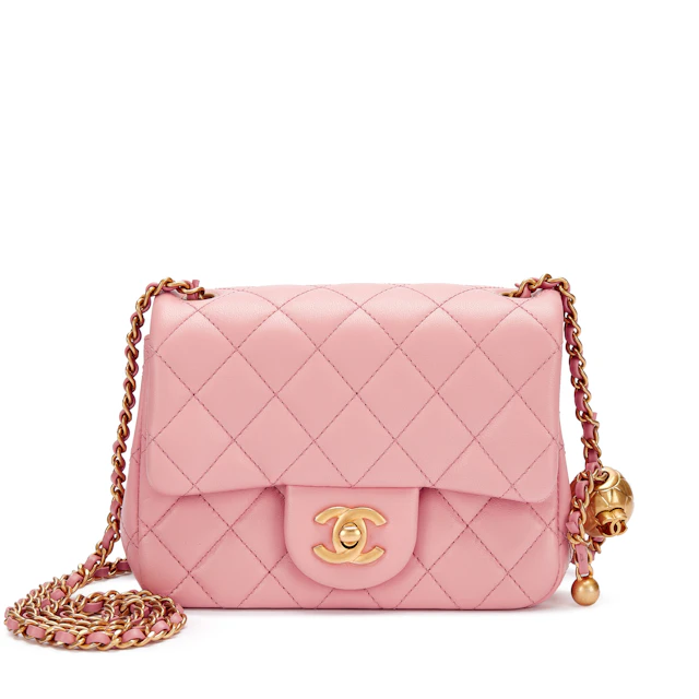 Pink Quilted Calfskin Mini Rectangular Pearl Crush Flap Bag Brushed