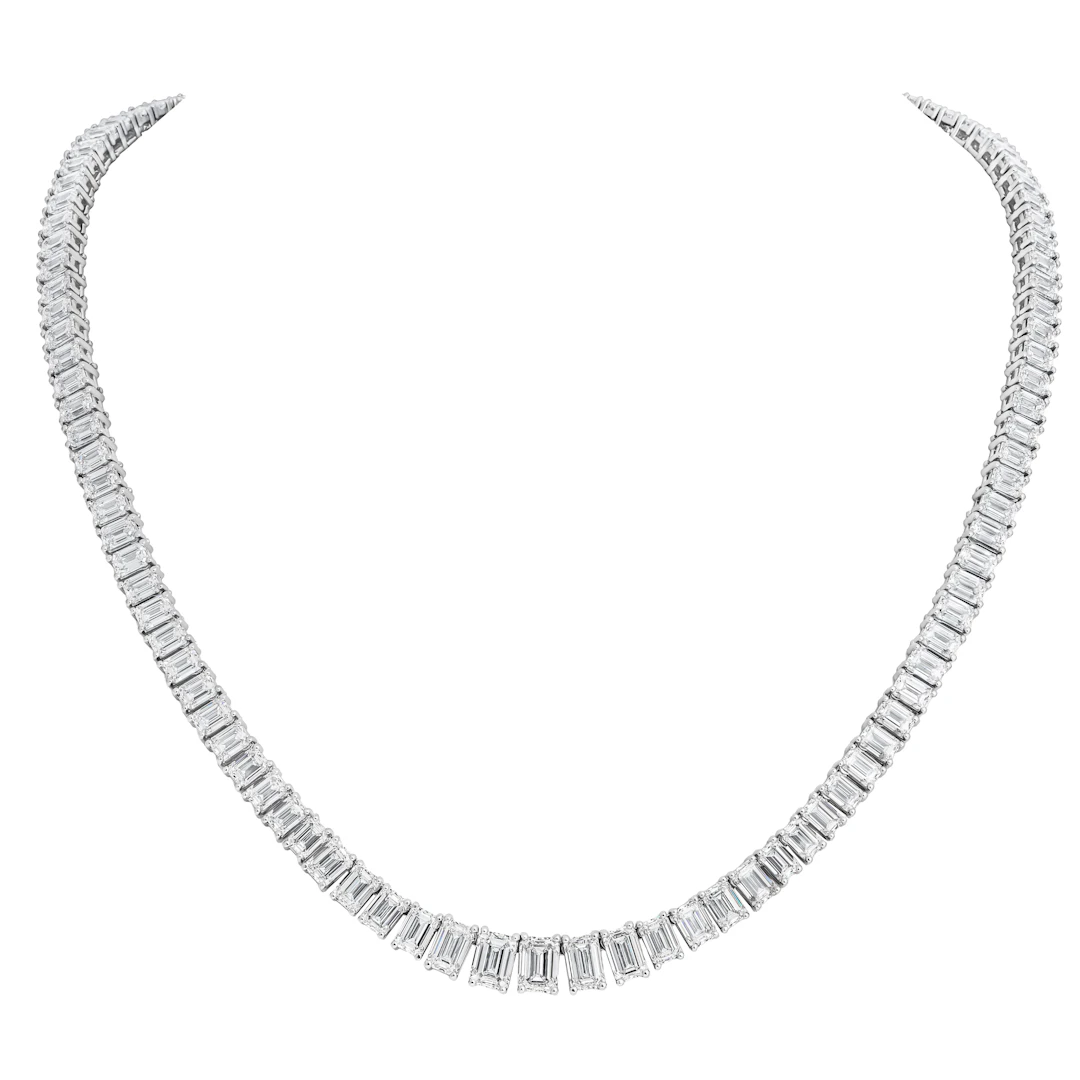 Platinum and 35.43ctw Emerald Cut Diamond Rivière Tennis Necklace