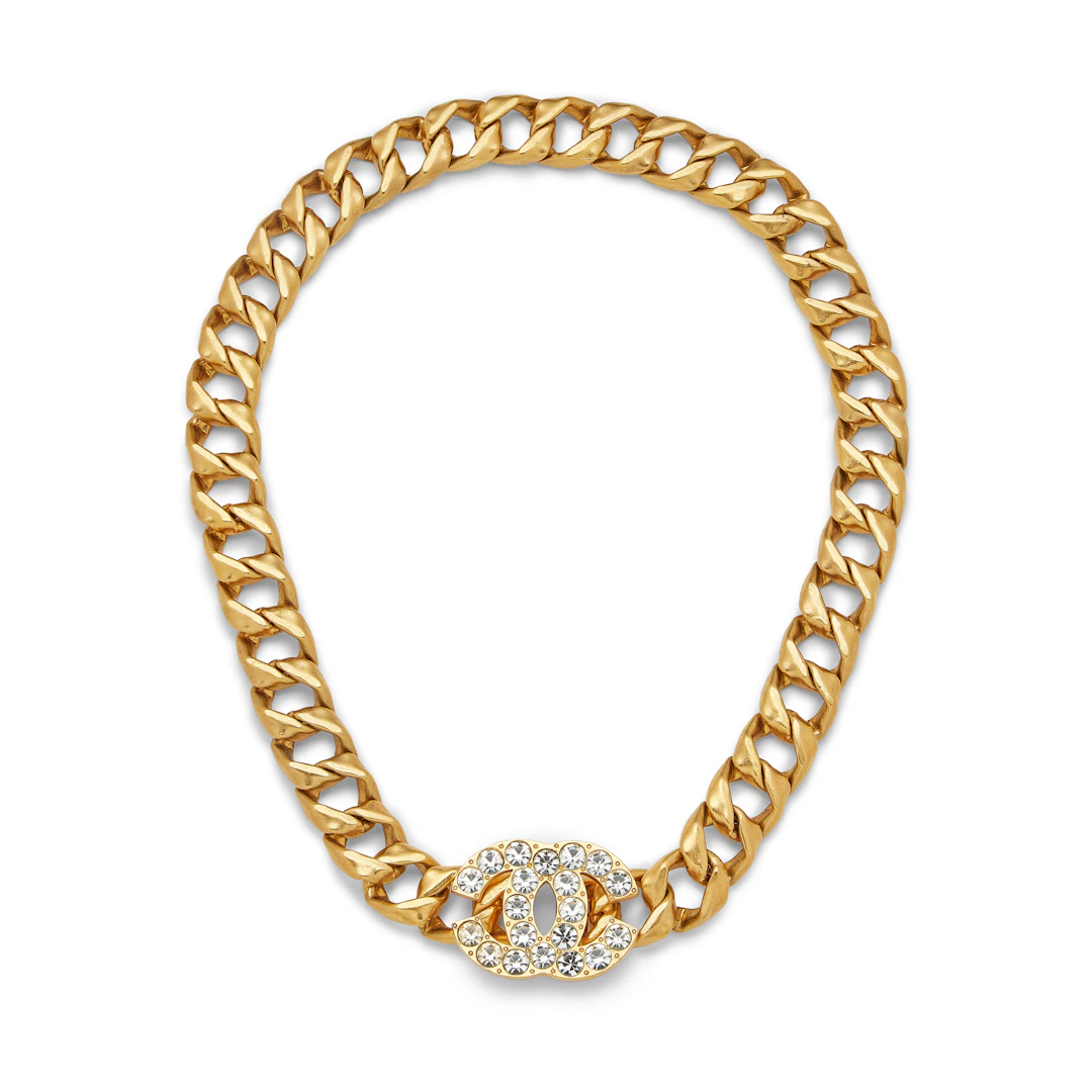Vintage Gold Metal Jumbo Strass Crystal CC Logo Chunky Chain Belt