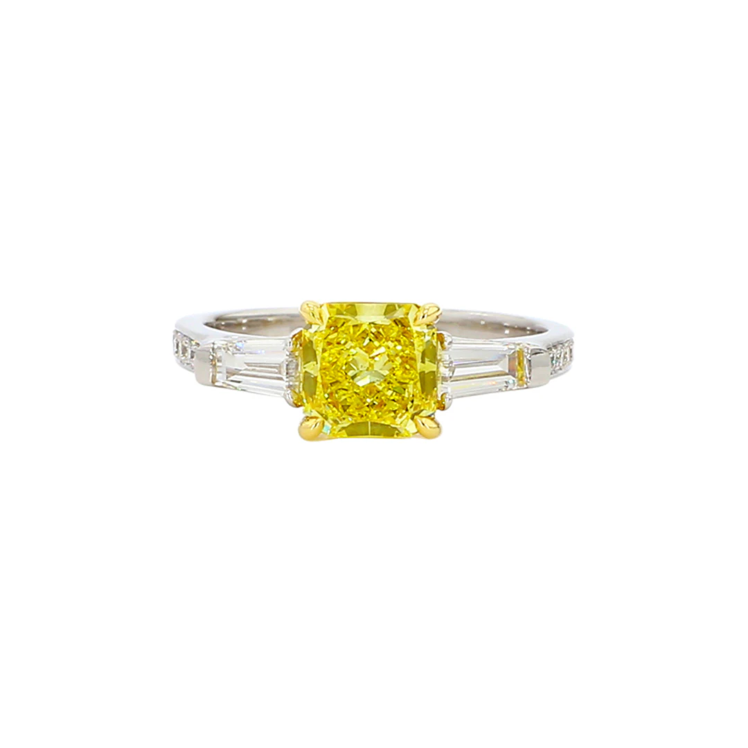 White Gold, 1.18ct Radiant Cut Fancy Vivid Yellow Diamond and Diamond