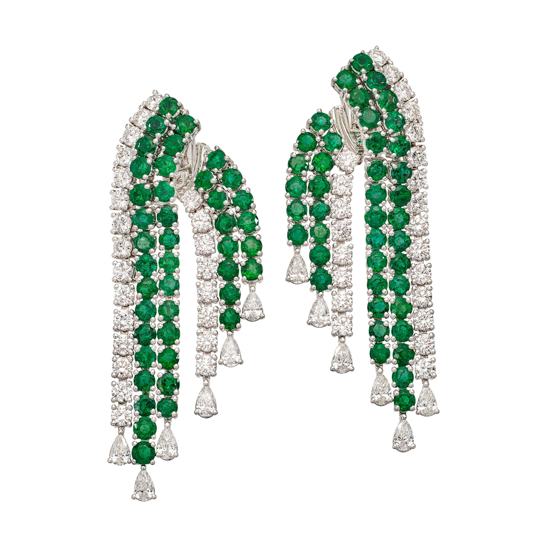White Gold, Emerald and Diamond Chandelier Earclips
