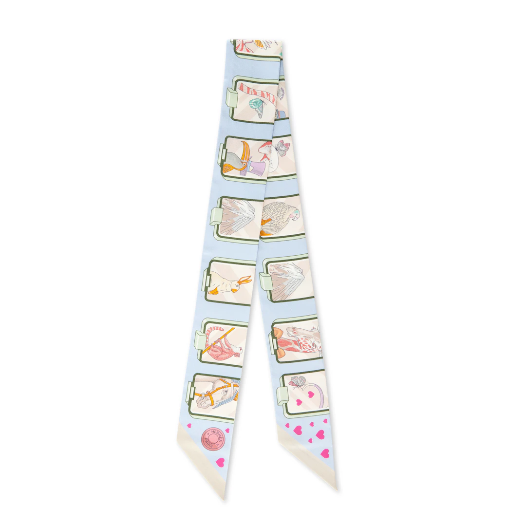 Blue Pale Rose Vert Silk Story Twilly Scarf