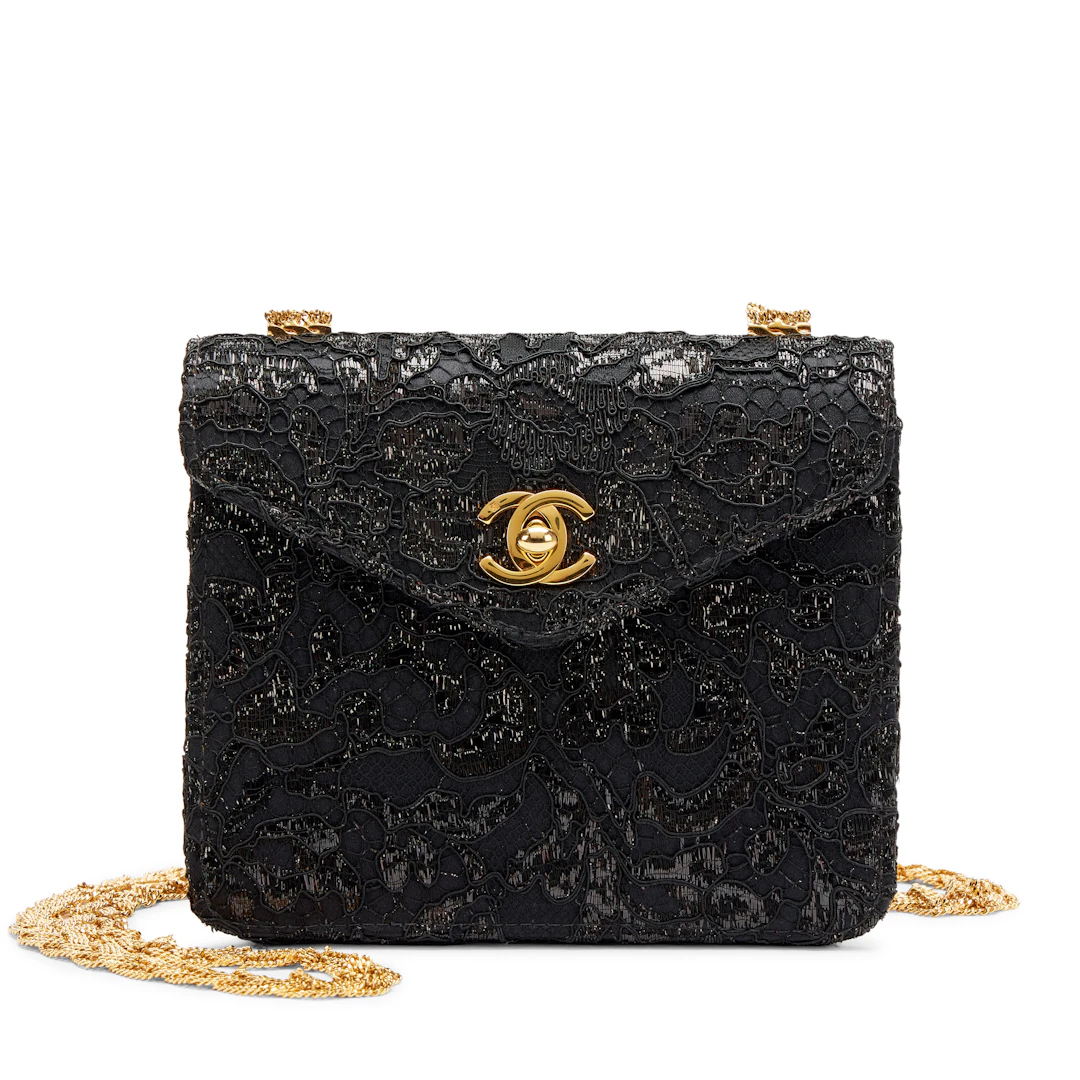 Vintage Black Lace and Satin Mini Square Classic Single Flap Bag Gold