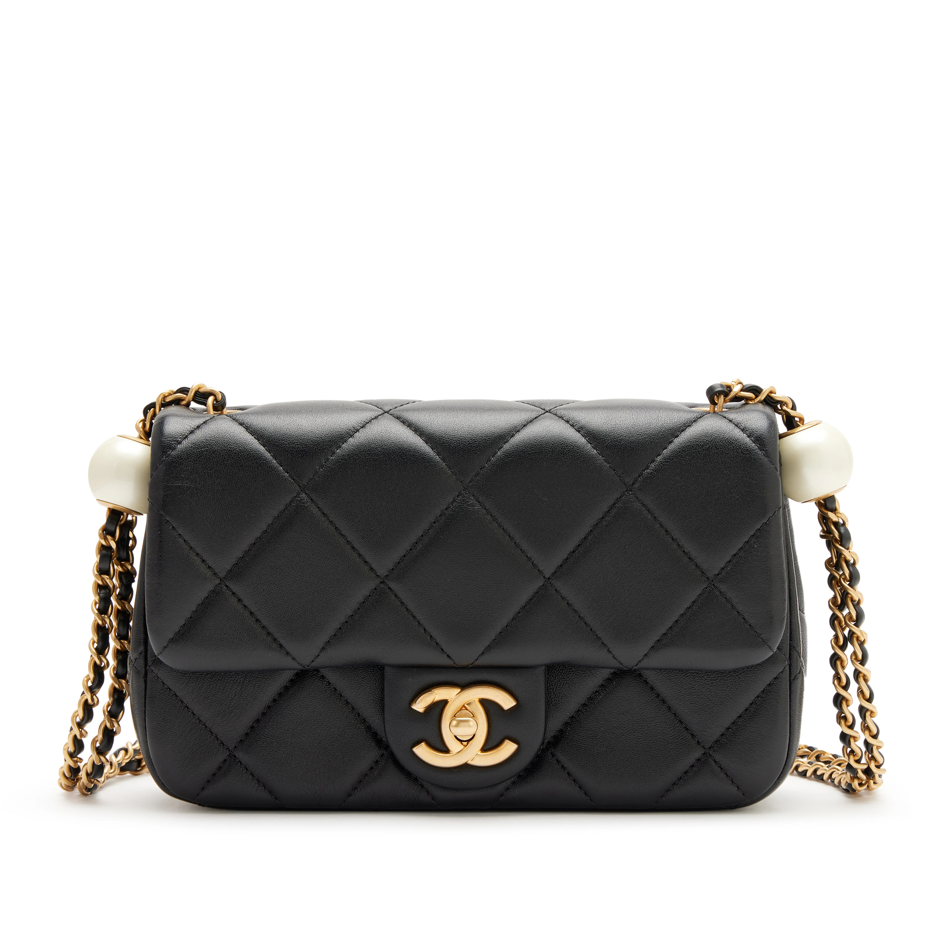 Black Quilted Lambskin Double Pearl Mini Flap Bag Aged Gold Hardware, 2024