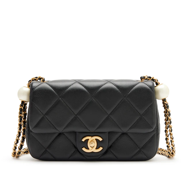 Black Quilted Lambskin Double Pearl Mini Flap Bag Aged Gold Hardware, 2024
