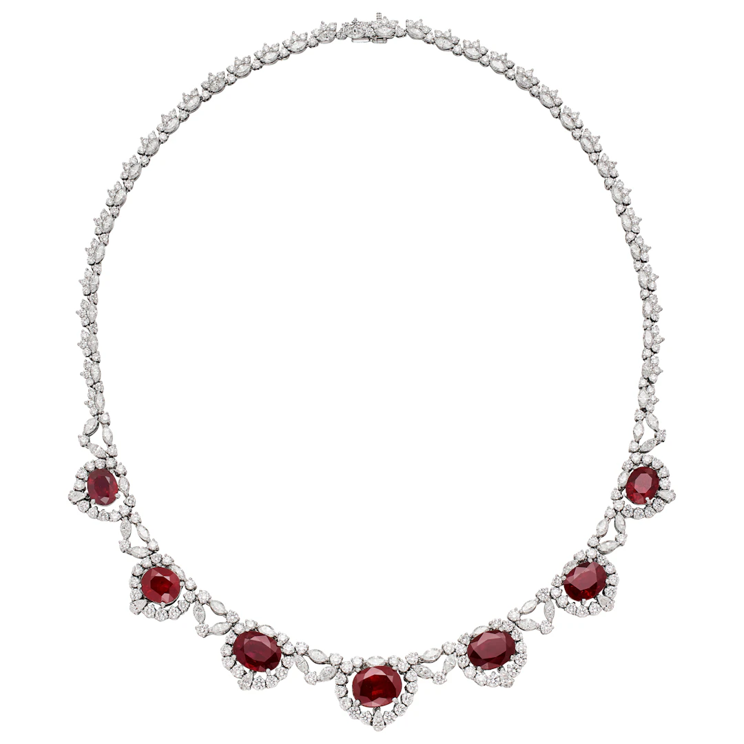 Platinum, 26.55ctw Burmese and Madagascar Ruby and Diamond Necklace