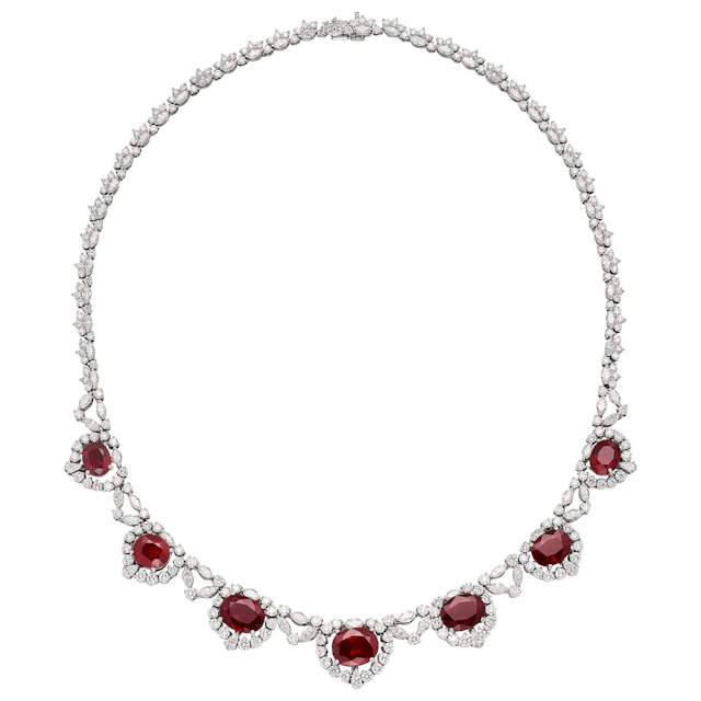 Platinum, 26.55ctw Burmese and Madagascar Ruby and Diamond Necklace