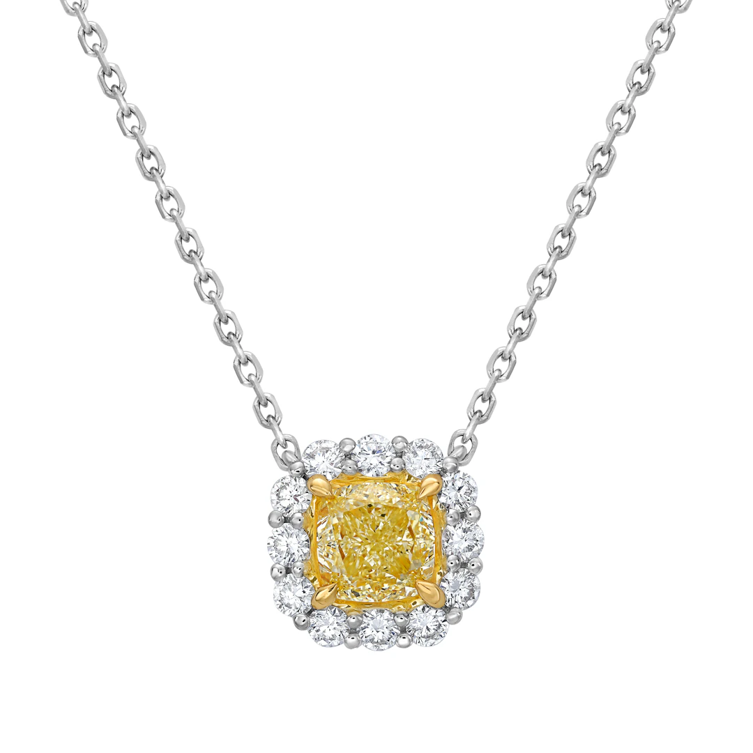 White Gold, Gold, 1.22ct Cushion Cut Fancy Light Yellow Diamond and