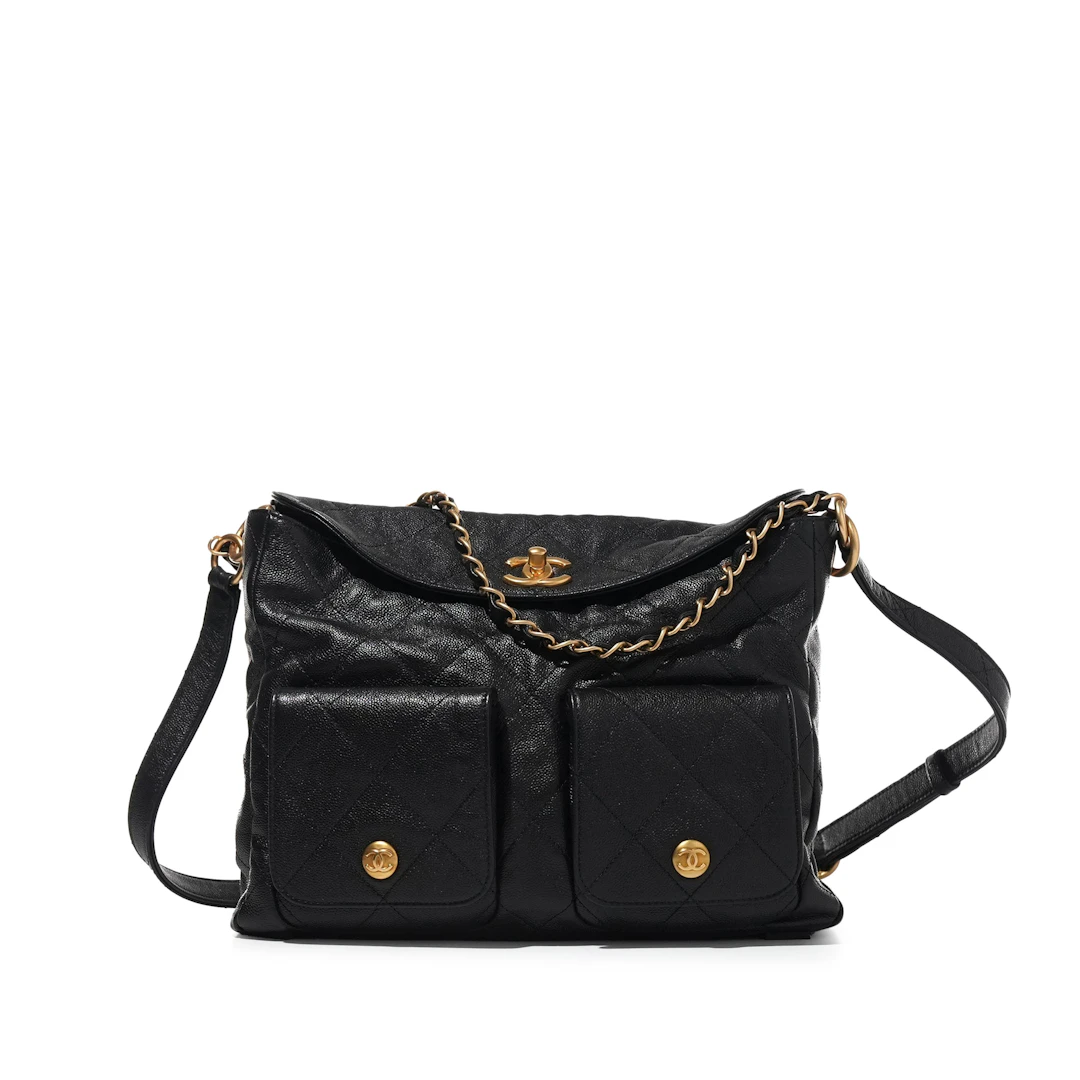 Black Quilted Caviar Supple Twins Hobo Bag Aged Gold Hardware, 2024